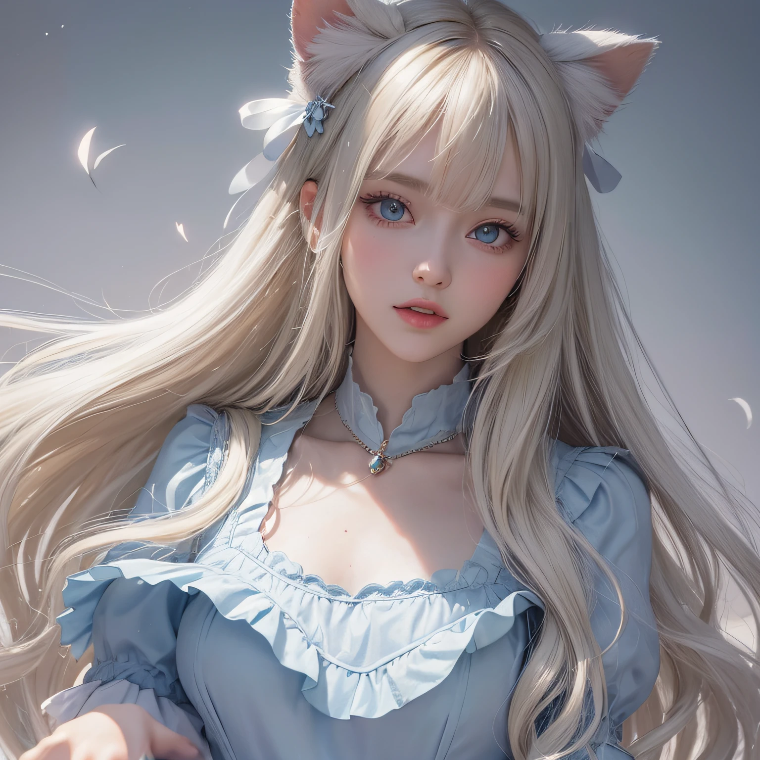 ((best qualtiy)), ((tmasterpiece)), (detail:1.4), Beautiful cyberpunk female images,hdr(HighDynamicRange),Ray traching,NVIDIA RTX,Hyper-Resolution,illusory 5,sub surface scattering,PBR textures,post-proces,Anisotropy Filtering,depth of fields,maximum definition and sharpness,Many-Layer Textures,Albedo e mapas Speculares,Surface coloring,Mitsu-Accurate simulation of material interactions,perfectly proportioned,rendering by octane,Two-colored light,largeaperture,Low ISO,White balance,Rule three points、8K raw data、Beautiful bright blue pupils,off-the-shoulder clothes,Fine pupils,Delicate face and eyes,long eyelasher,Blushlush,Delicate and fluffy hair,pink lip,Pure,Cute face,Sweet girl,Artistic sense,Casual wear,Advancedsense,butterflys,Cherry blossom petal,Beautiful hair accessories,Long hair and waist,Hair fluttering in the wind,Snow-white fox ears,curlies,Snow-white fluffy tail,Positive light,The light from the back window is backlighted