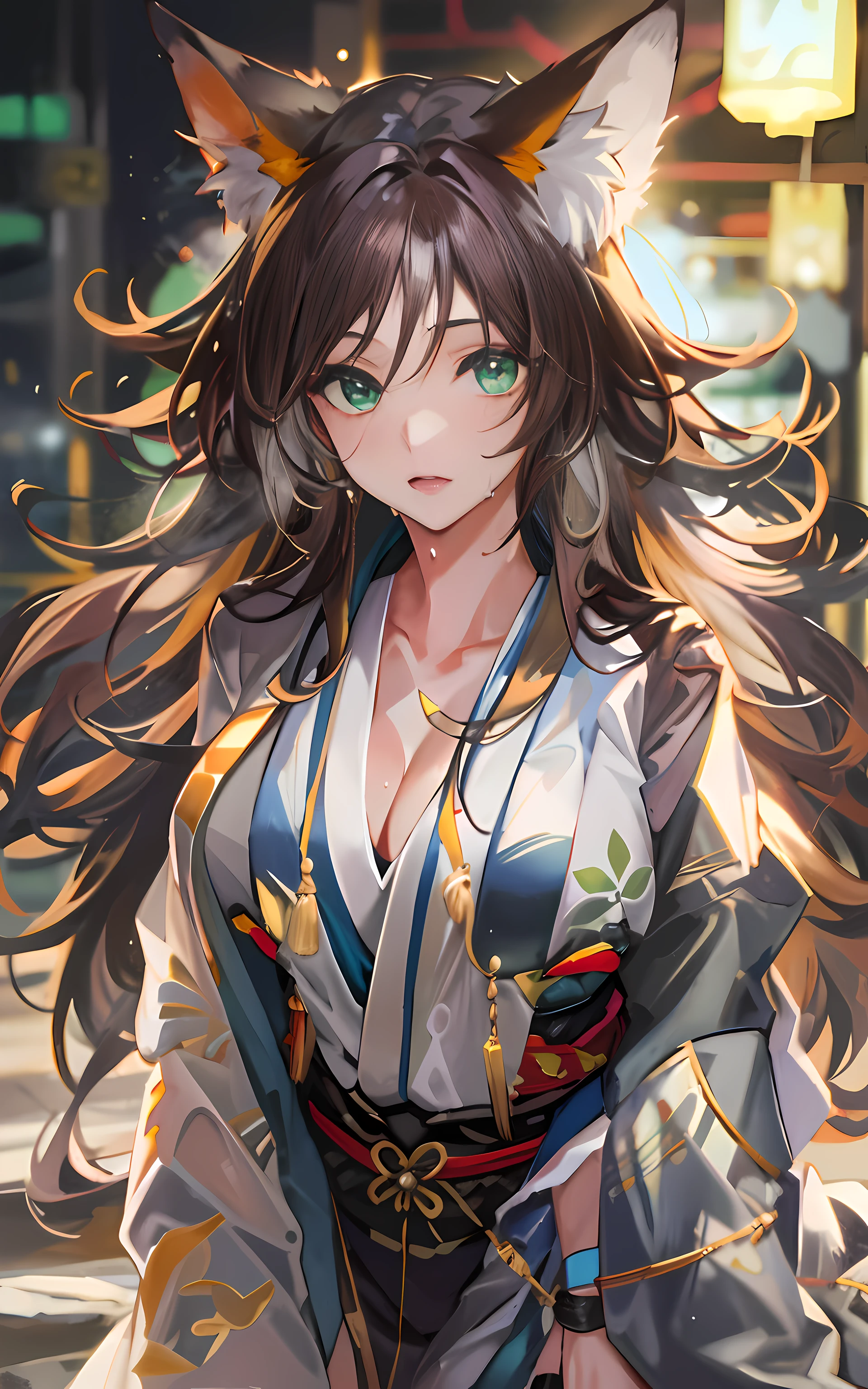 (Masterpiece: 1.5), (Best Quality: 1.5), Perfect Eyes, Perfect Face, Detailed Eyes, Volumetric Lighting, 1 Woman, Mature Woman, (Whiteness: 5), fox ears, fox tail, dark brown hair, green eyes, long hair, sexy, full body, kimono, wet skin, shiny skin, tight clothes, shiny clothes, oily skin, oily clothes,