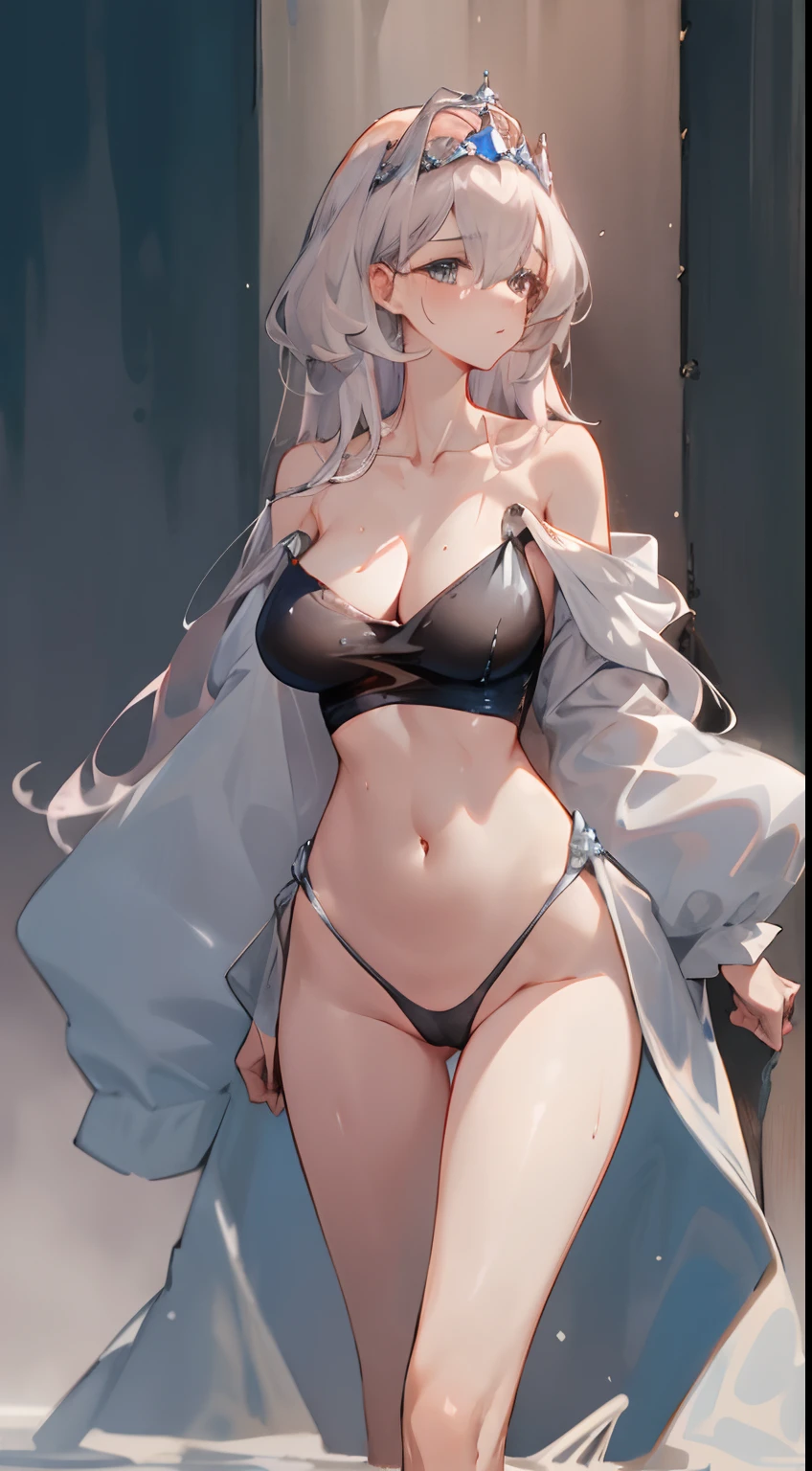 Leakage out of the collarbone,Neck leakage,a queen,tiara crown,cavalier,stand posture,standing straight,Arm leakage,Bare-armed,cropped shoulders,Side openings,open waist,soaked pubic hair,Clothes are soaked,boobgasm,Exposed skin