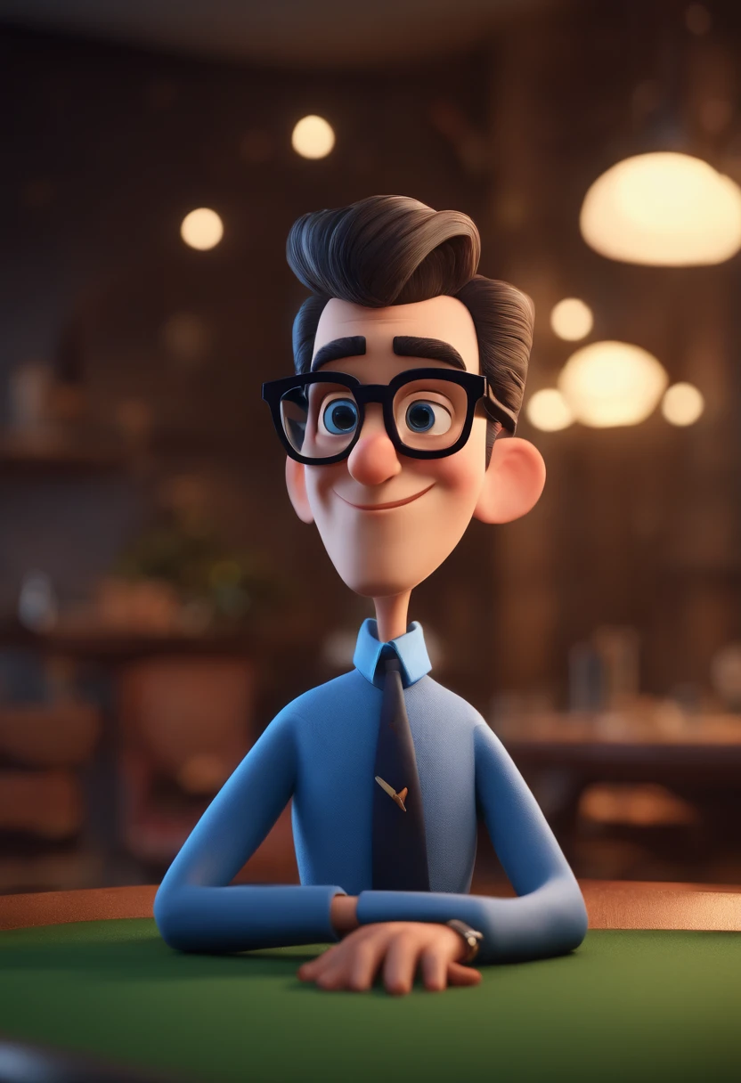 Cartoon character of a man with black glasses and a blue shirt, animation character, Caractere estilizado, animation style rendering, 3D estilizado, Arnold Maya render, 3 d render stylized, toon render keyshot, Personagem 3D, Personagem 3D, 3d rendering stylized, 3 d character render, personagem de desenho animado, Personagem de close up, Pose de personagem, (Estilo Pixar) (master part:1.2) (Bokeh) (best quality) (pele detalhada) (textura detalhada) (8k) (argila) (Cinematic lighting) (foco nítido