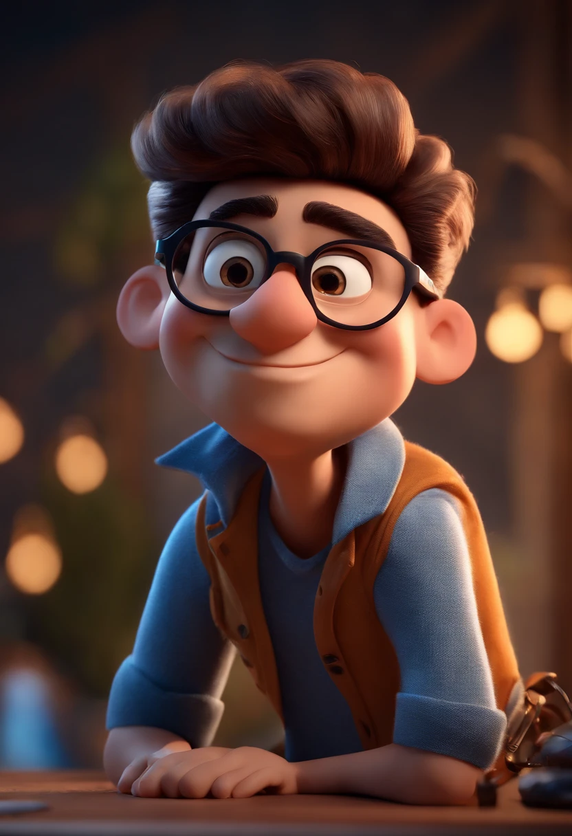 Cartoon character of a man with black glasses and a blue shirt, animation character, Caractere estilizado, animation style rendering, 3D estilizado, Arnold Maya render, 3 d render stylized, toon render keyshot, Personagem 3D, Personagem 3D, 3d rendering stylized, 3 d character render, personagem de desenho animado, Personagem de close up, Pose de personagem, (Estilo Pixar) (master part:1.2) (Bokeh) (best quality) (pele detalhada) (textura detalhada) (8k) (argila) (Cinematic lighting) (foco nítido