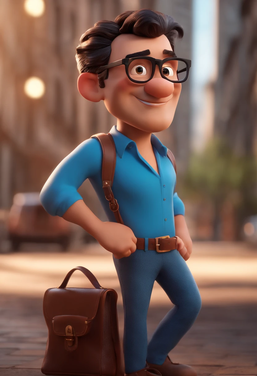 Cartoon character of a man with black glasses and a blue shirt, animation character, Caractere estilizado, animation style rendering, 3D estilizado, Arnold Maya render, 3 d render stylized, toon render keyshot, Personagem 3D, Personagem 3D, 3d rendering stylized, 3 d character render, personagem de desenho animado, Personagem de close up, Pose de personagem, (Estilo Pixar) (master part:1.2) (Bokeh) (best quality) (pele detalhada) (textura detalhada) (8k) (argila) (Cinematic lighting) (foco nítido