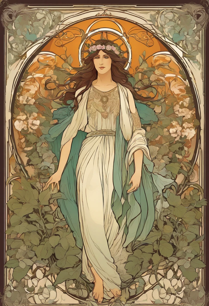 8K.Poster illustration in Alphonse Mucha style, Flat painting, Jesus Christ,Full body like,Slim body,Barefoot,Art Nouveau, Plants in the background, NFFSW, masutepiece, Alfonse Mucha, High details