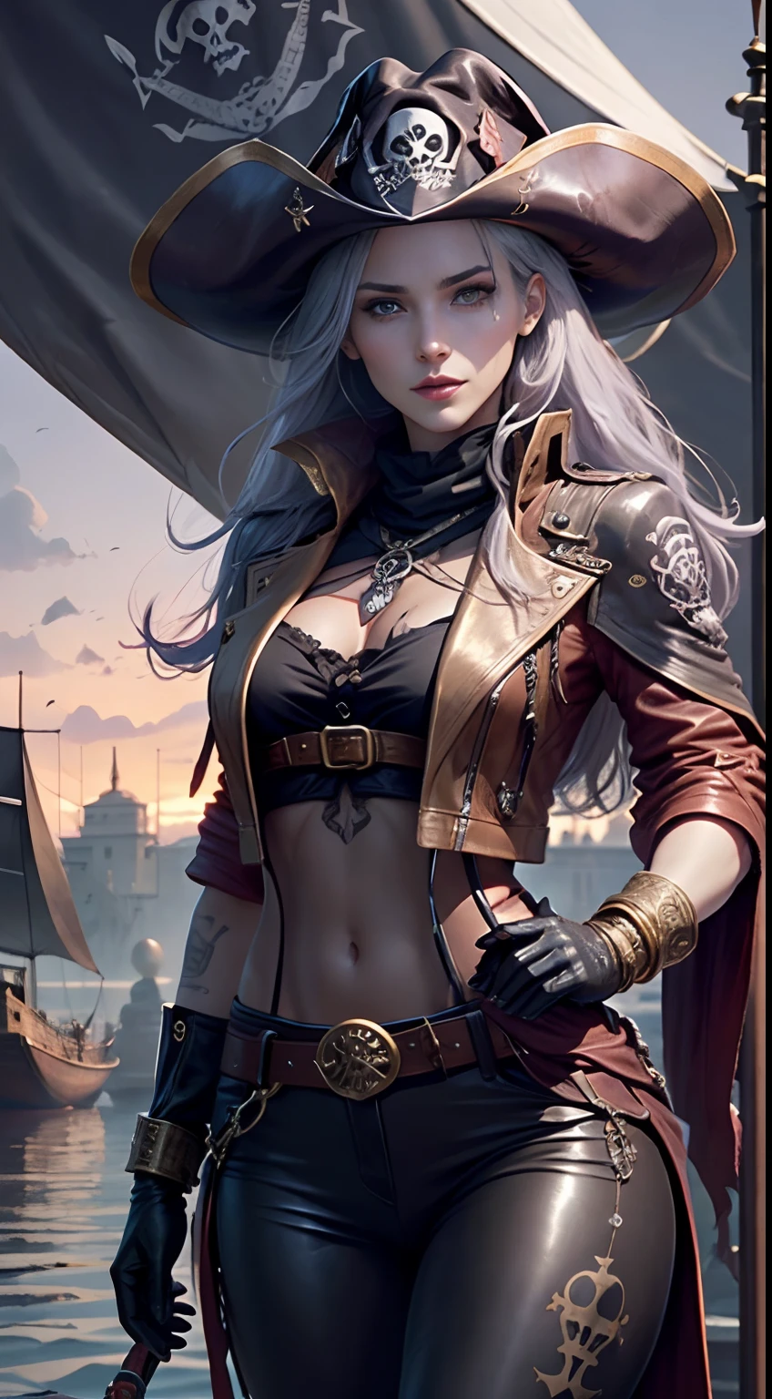 full bodyesbian, Top quality, Intricate details , (Fine skin, Shiny skin, Shiny hair, Pale complexion), Purple sky, golden time, Sunset, Sail ships, Pirate ship, ((Skull mark on flag)), Ambitious, Seductive Woman, Gray hair, Long hair, Hair fluttering in the wind, scar on the cheek, detailed tattoos, Leather clothes, Sleeveless clothes, Leathercoat, Leather gloves, Solid gold bracelet, leather pant, Red trousers, Pirate hat , A hat with a skull marker, (Leather belt), Look far away