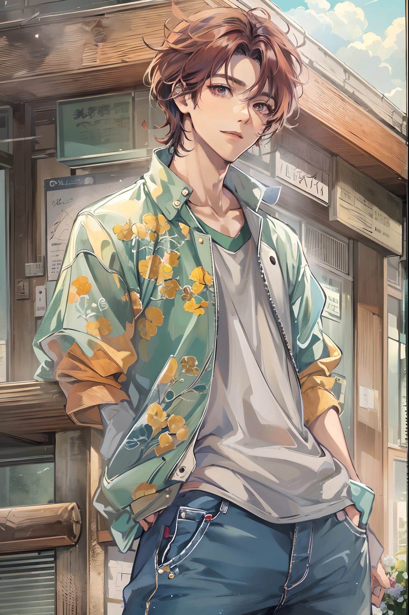 Absurdres masterpiece HDR high quality picture of a character from Hana yori dango anime, 1 boy , character is with detailed face, casual colour of hair based on the anime, happy face, casual clothes , ((casual hair style:1 )) , anime eyes, light skin ,
Wearing casual outfit from anime, detailed outfit, nice background, masterpiece scenery