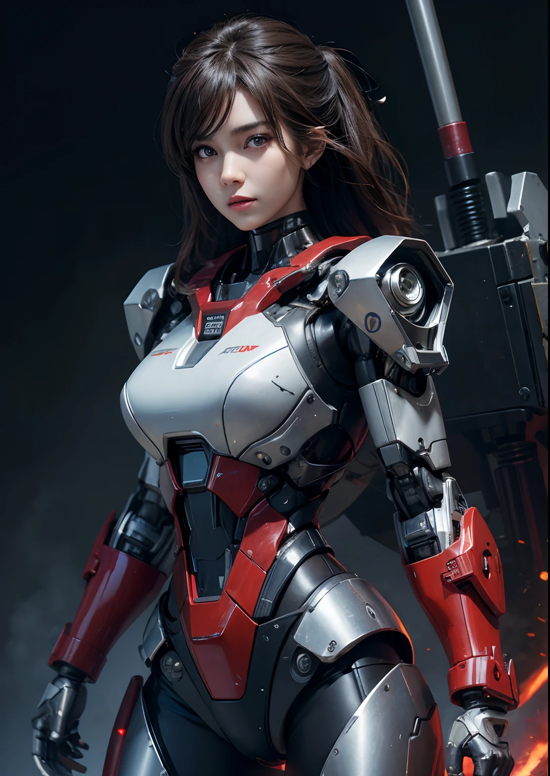 (Missiles from the chest),(Machine gun from both hands),Textured skin, Super Detail, high details, High quality, Best Quality, hight resolution, 1080p, hard disk, Beautiful,(terminator),beautiful cyborg woman,Mecha Cyborg Girl,Battle Mode,Girl with a Mecha Body,She wears a battle cyborg mech with a weapon,Fulll body Shot