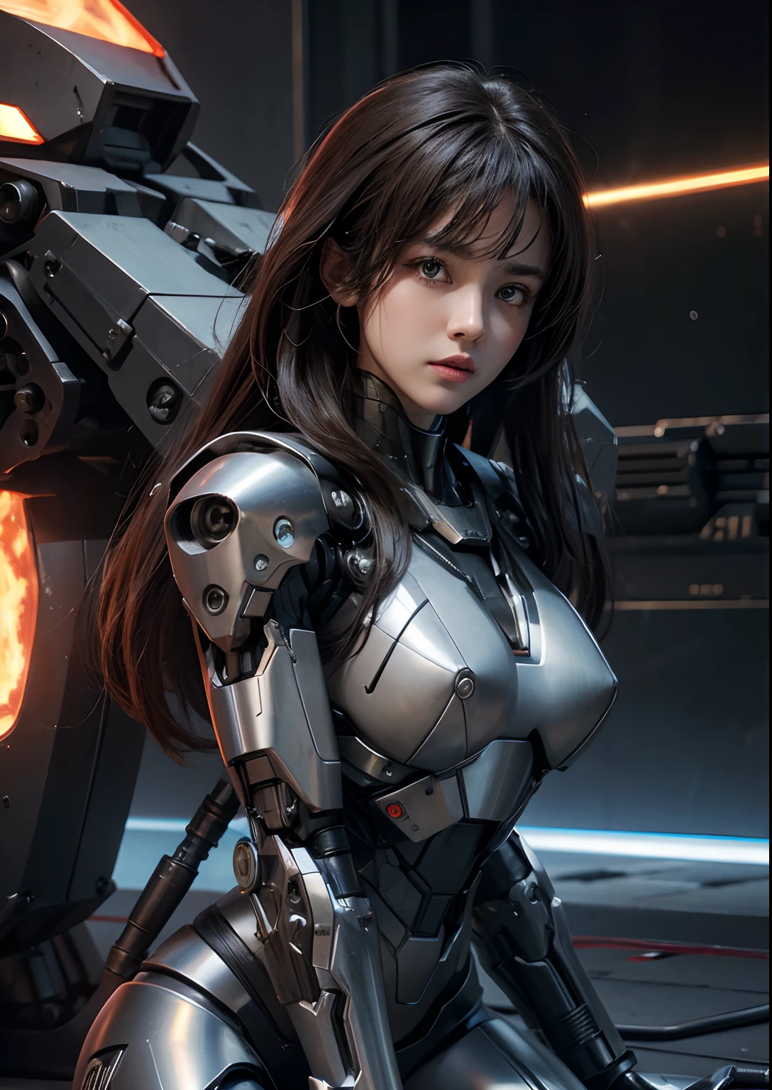 (Missiles from the chest),(Machine gun from both hands),Textured skin, Super Detail, high details, High quality, Best Quality, hight resolution, 1080p, hard disk, Beautiful,(terminator),beautiful cyborg woman,Mecha Cyborg Girl,Battle Mode,Girl with a Mecha Body,She wears a battle cyborg mech with a weapon,Fulll body Shot