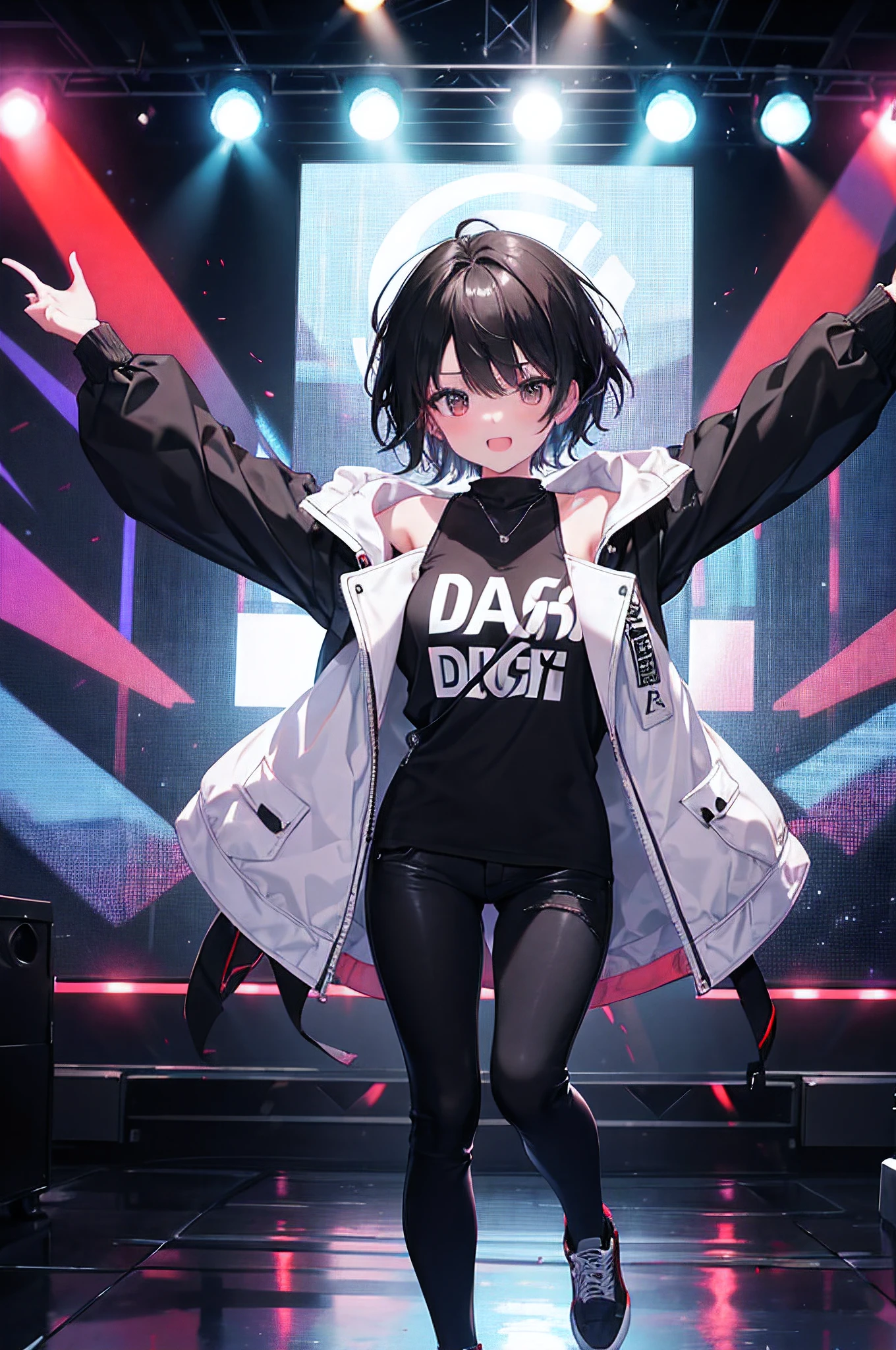 hiquality(1.4)　Short-haired woman with black hair dancing in street dance battle、stylish、Delighted、Oversized white outerwear、Large black jeans、Red Stylish Big Monitor、DJ Booth、Crowd in excitement、