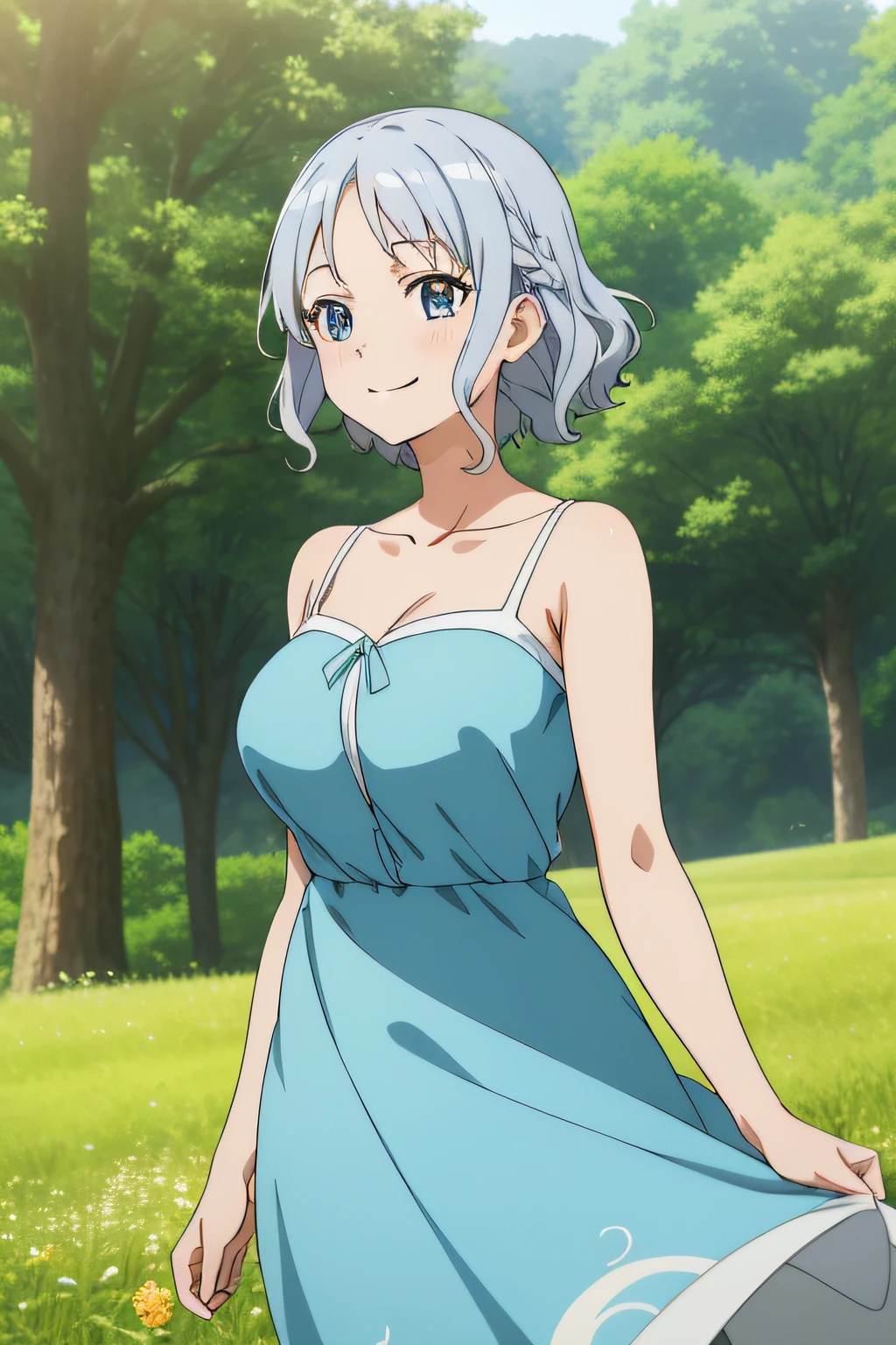 (masutepiece, Best Quality,) anime screen cap, 1girl in, 
Short hair, Blue eyes, Silver hair, Wavy Hair, braid, Dress, Large breasts, Smile, 
depth of fields, forest, field, Wind, swirls,