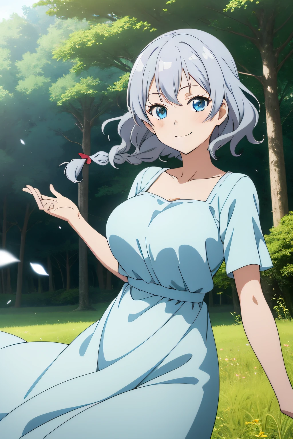 (masutepiece, Best Quality,) anime screen cap, 1girl in, 
Short hair, Blue eyes, Silver hair, Wavy Hair, braid, Dress, Large breasts, Smile, 
depth of fields, forest, field, Wind, swirls,