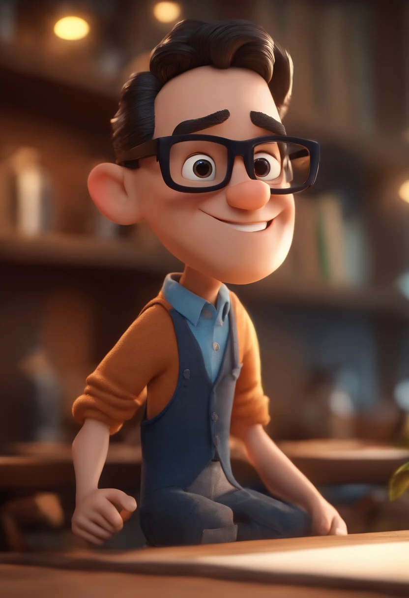 Cartoon character of a man wearing black glasses and a blue shirt, um personagem animado, Caractere estilizado, animation style rendering, 3D estilizado, Arnold Maya render, 3 d render stylized, toon render keyshot, Personagem 3D, Personagem 3D, 3d rendering stylized, 3 d character render, personagem de desenho animado, Personagem de close up, Pose de personagem, (Estilo Pixar) (master part:1.2) (Bokeh) (best quality) (pele detalhada) (textura detalhada) (8k) (argila) (Cinematic lighting) (foco nítido