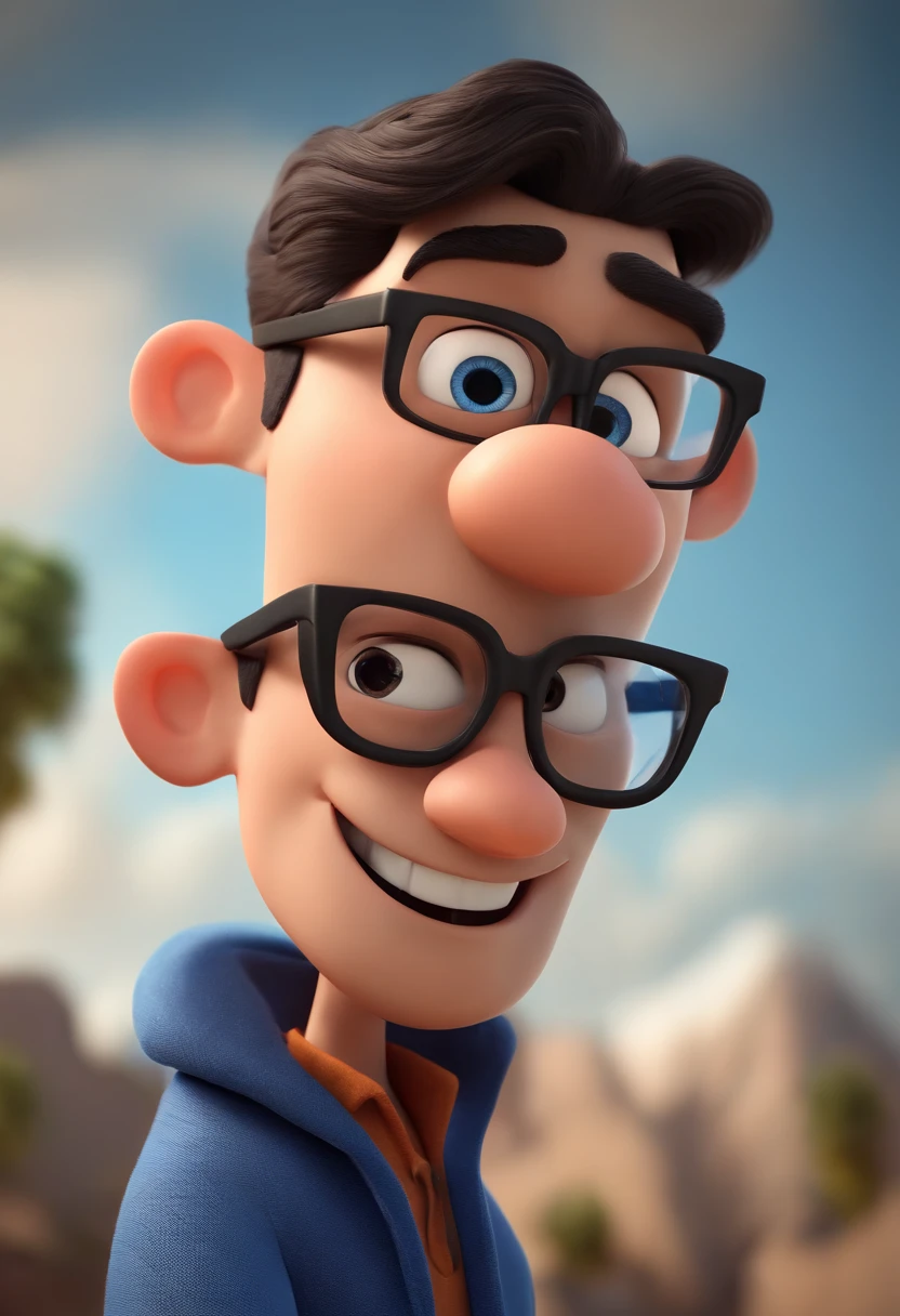 Cartoon character of a man wearing black glasses and a blue shirt, um personagem animado, Caractere estilizado, animation style rendering, 3D estilizado, Arnold Maya render, 3 d render stylized, toon render keyshot, Personagem 3D, Personagem 3D, 3d rendering stylized, 3 d character render, personagem de desenho animado, Personagem de close up, Pose de personagem,  (Estilo Pixar) (master part:1.2) (Bokeh) (best quality) (pele detalhada) (textura detalhada) (8k) (argila) (Cinematic lighting) (foco nítido