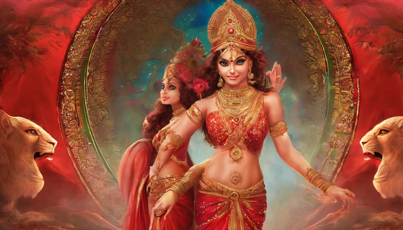 (highly detailed), (illustration), (beautiful smile), (beautiful eyes), (complex), (beautiful face), (attractive body), (full body image), modern Indian goddess, Hinduism, (sheer red sari), (visible natural breasts), (NSFW) , dynamic pose, deity crown, (lion close), colorful, attractive, heavenly, inside a temple.