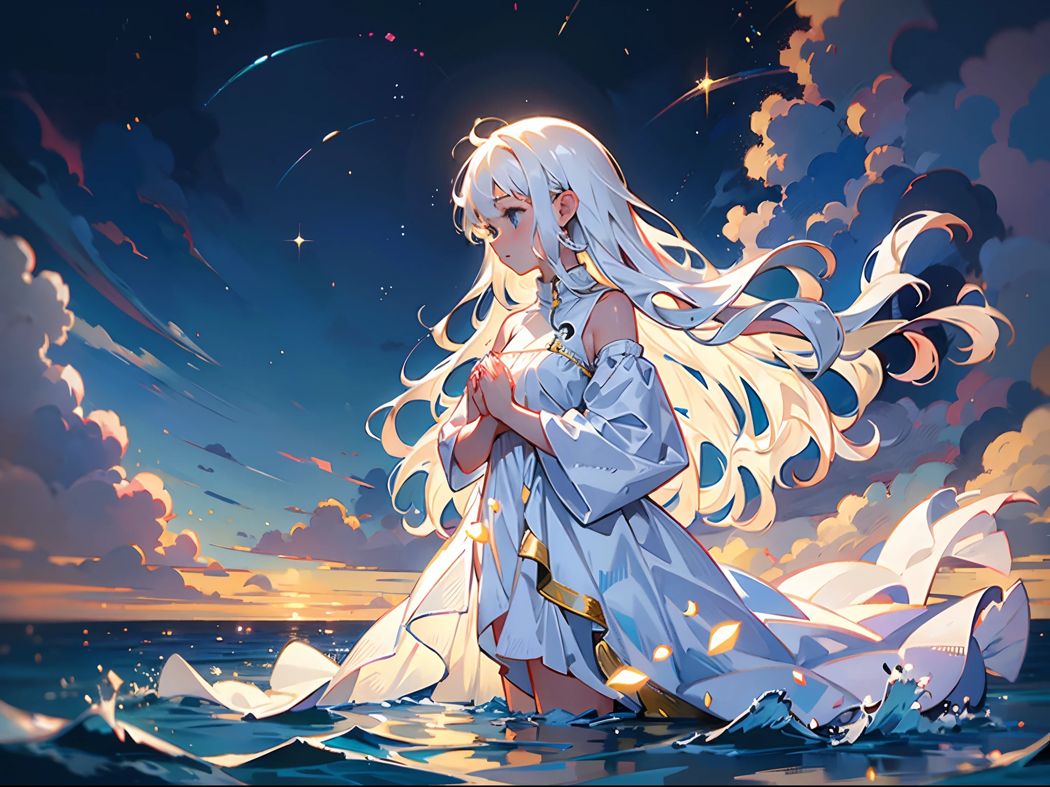 Praying young woman, with long white hair, in a long princess white dress, surrounded by water
