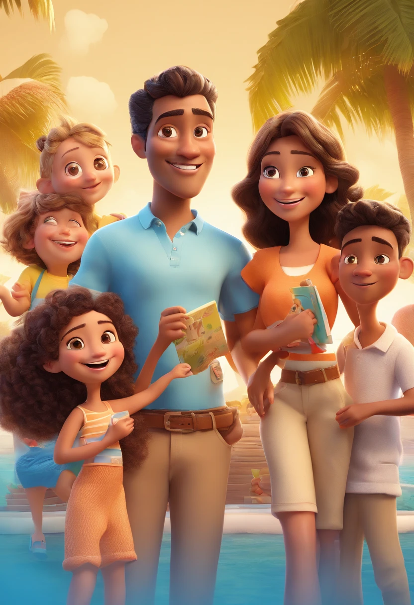 Family Drawing of Five People Having Fun on Vacation Together, homem com cabelo preto, Mulher com cabelo longo, three children, uma menina, a baby boy and a 3D animation movie poster, Animated Movie Poster, Pixar 3 Animation Style D, pixar renderman rendering, Maia 8 mil, animated film, Disney Pixar Estilo 3D, amigos felizes saem juntos, all wearing light blue shirts and cream brown long pants, Camisa azul clara, cream brown pants, ao ar livre, vacation, Disney Pixar Animation Poster