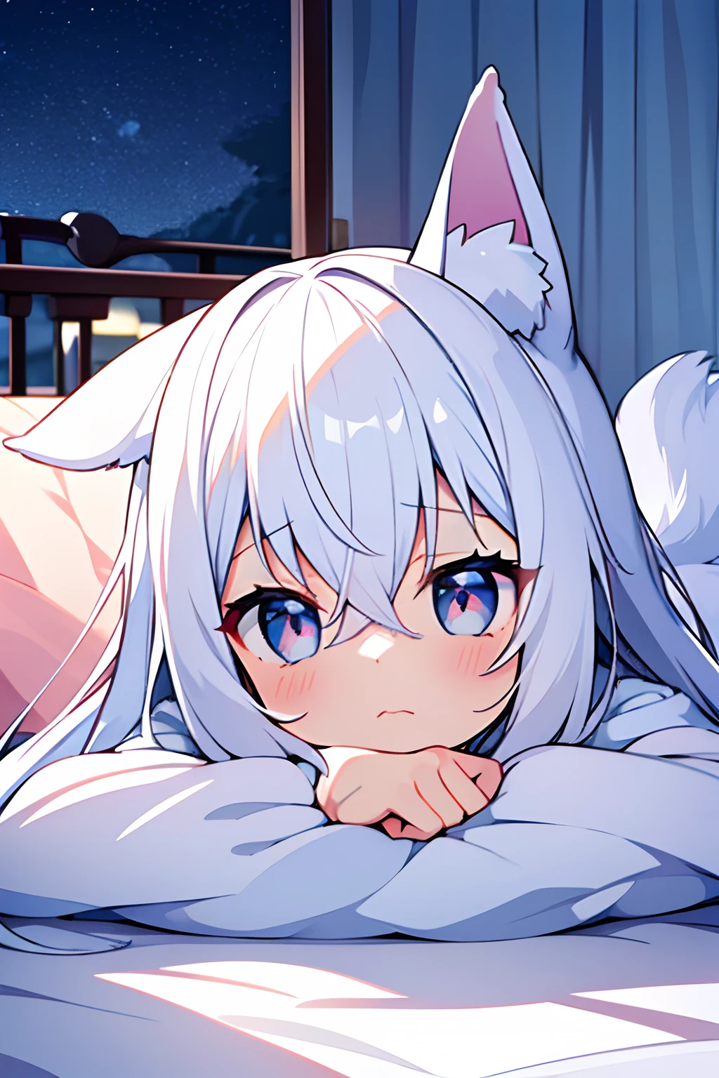 High quality, 1girl, ((((Candy Candy anime style)))), (wolf girl, wolf ears, wolf tail), animal ears, animal tail, ((((short hair)))), ((silver white hair)), hair clip, ((hair tap eye)), ((blue eyes)), long eyeslashes, eyeliner, (((small breasts, nude, no clothes, small snipples, pussy))), solo, ((waiting pose, looking at something)), ((worried, sad expression, mellancholic look, blue eyes)), dynamic angel, (bedroom background, bed, darkblue, moonlight), closed_mouth, blush, eyelashes, detailed shadows, detailed eyes, detailed lines, detailed body, (((Anime retro style, anime coloring, 4K))).