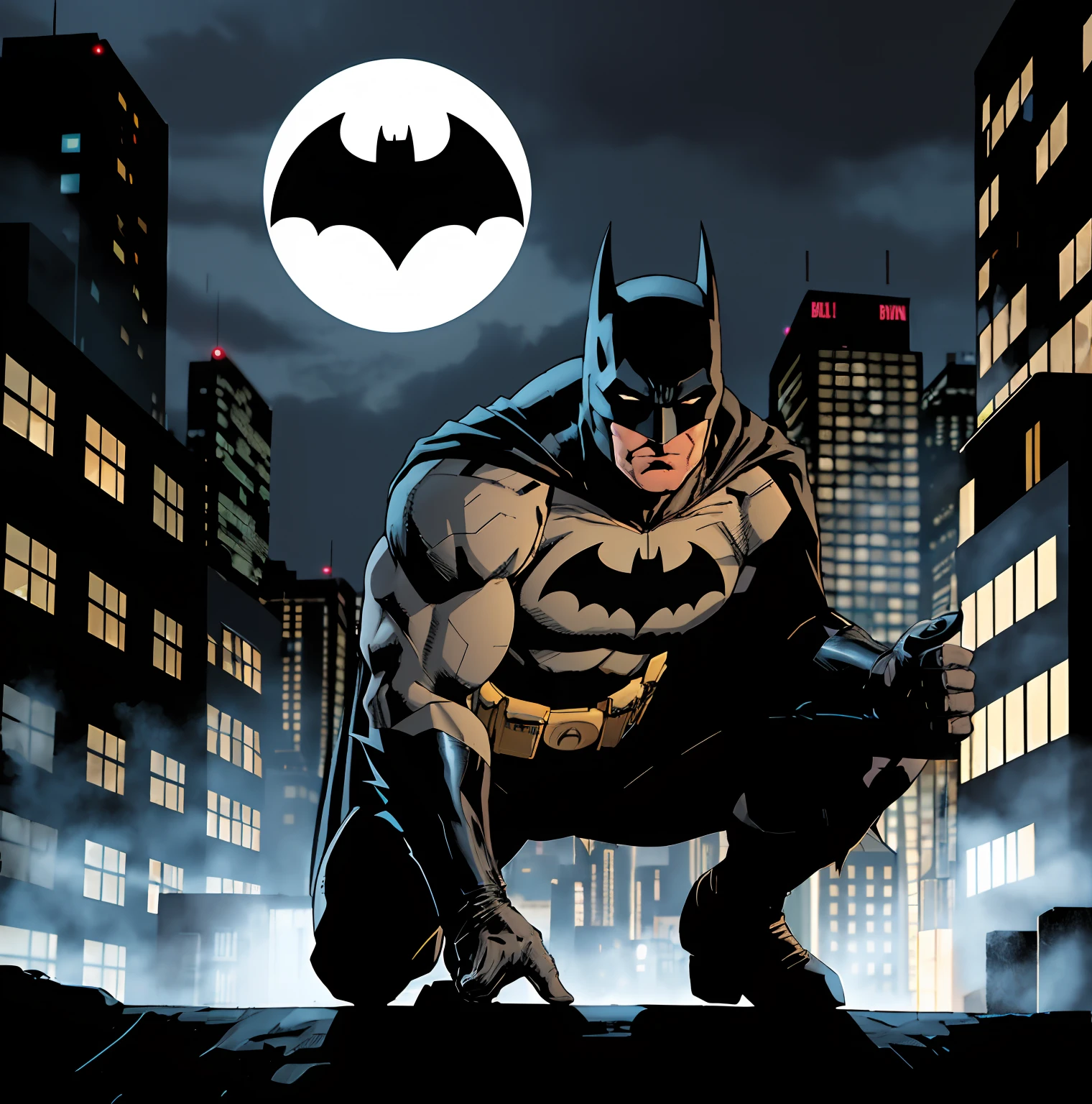 comic book style, batman,full body,grey bodysuit,1boy, dark scene, cowboy shot of batman, athletic, white eyes, no pupils, night city, muscular, muscular male, ragged and black cape,