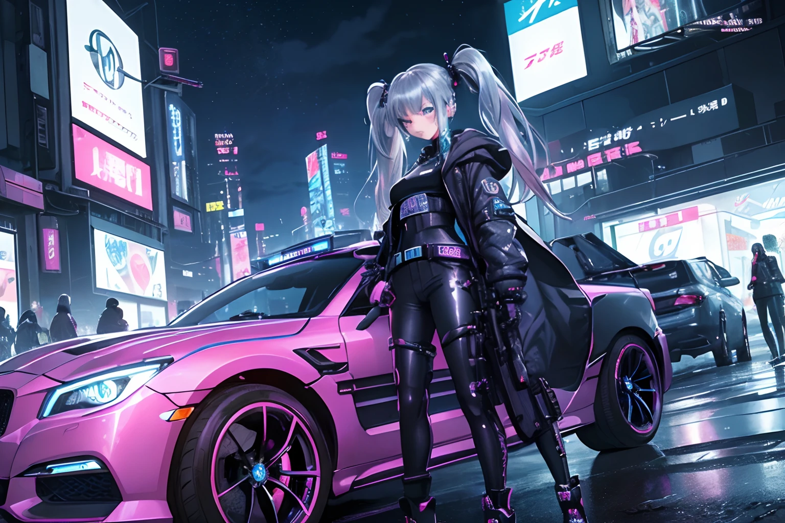 (deep in the night:1.3)、、(Detailed beautiful skin texture、detailed beautiful faces、Ultra-detailed clothing texture)、、(cyberpunked:1.4)、、(2females、18year old、Big、With long silver hair、blue eyess)、(Pink jacket、Black tank top、Cargo pants)、Standing next to you(Ultra Fine Pickup Truck 4 Wheel Long Bonnet、 、(3/4Front view、The car is located in the center of the frame)、、(car park、Cyberpunk's ultra-detailed night city)、(All Cars Cyberpunk Custom Cars)、、(softlighting)、、(​masterpiece、top-quality:1.4、8K、ultra-detailliert、illustratio、Distinct_image、Convoluted_Details、delicate illustration)、(realisitic:0.15)、(Twintail)、Pearl Color､Neon blue and black cyberpunk car