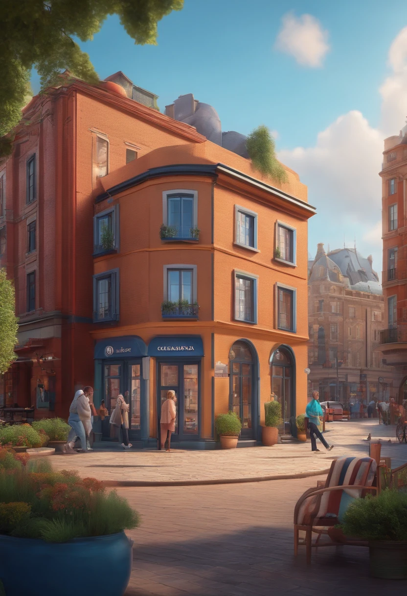 Pixar 3D-style drawing of a slimming clinic in the city center with a character in the foreground