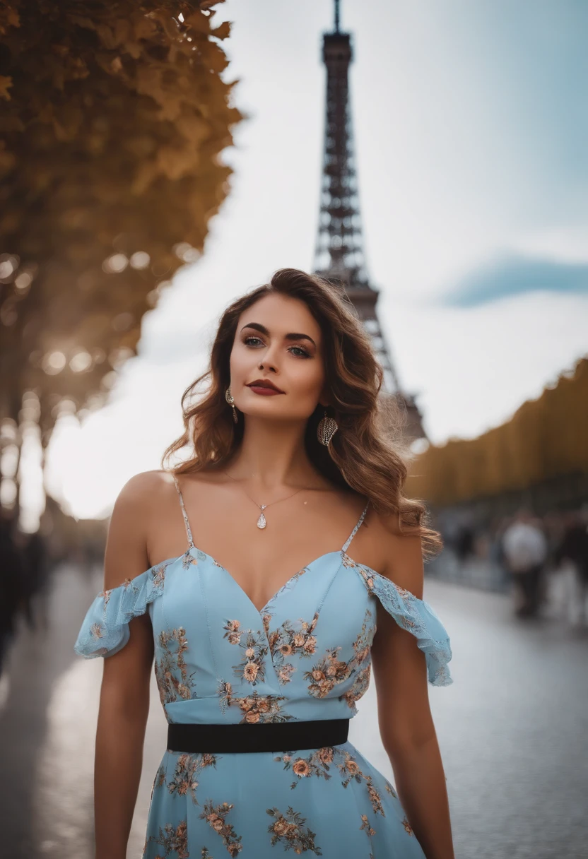 Influenciadora branca realista do Instagram, best quality, louro, 1 girl, olhos azuis, em vestido curto escuro apertado, in Paris in front of the Eiffel Tower