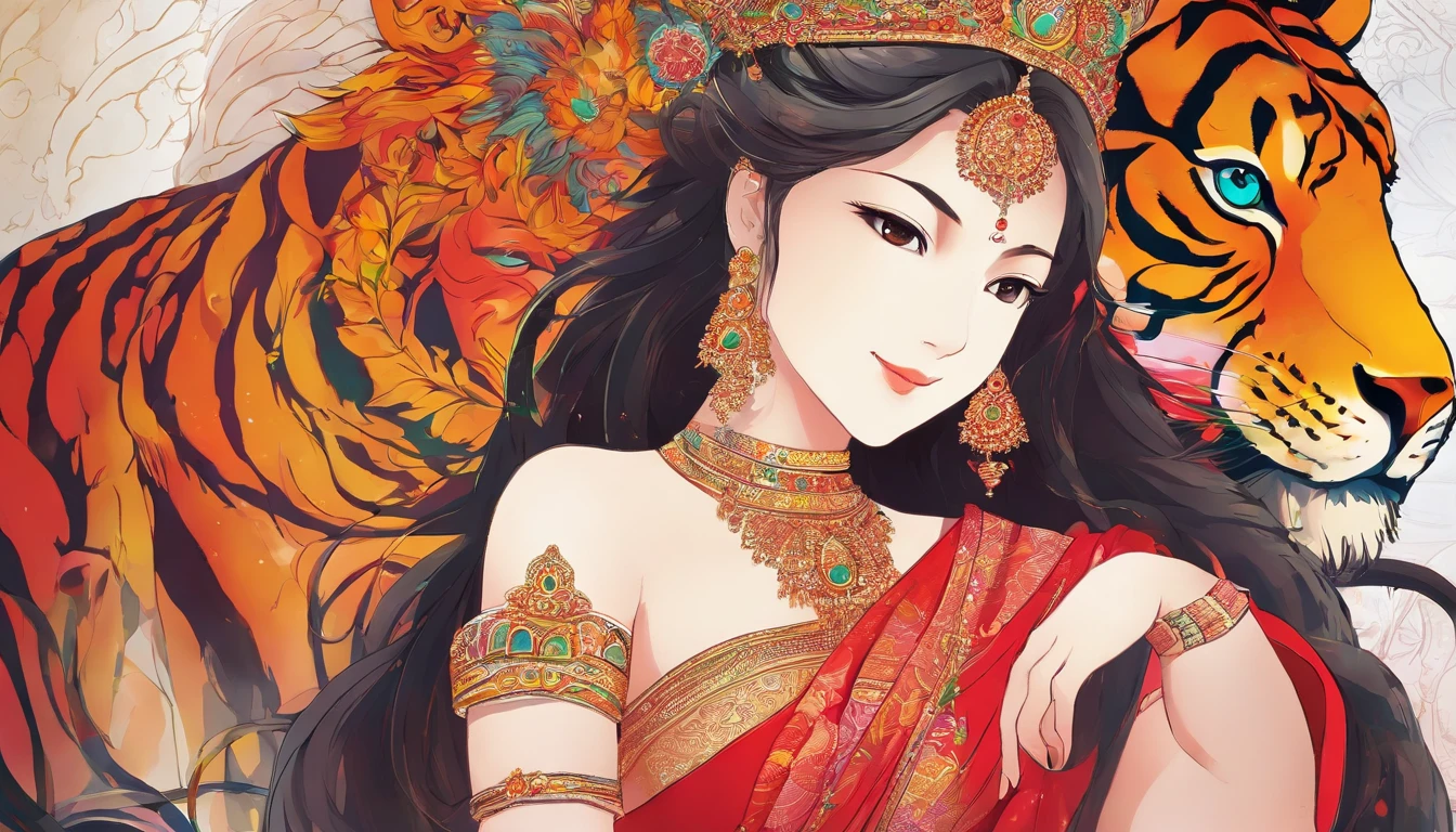 (highly detailed), (illustration), (beautiful smile), (beautiful eyes), (complex), (beautiful face), (attractive body), (full body image), modern Indian goddess, Hinduism, (sheer red sari), (visible natural breasts), (NSFW) , dynamic pose, deity crown, (lion close), colorful, attractive, heavenly, inside a temple.