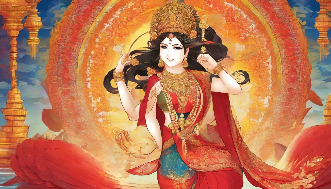(highly detailed), (illustration), (beautiful smile), (beautiful eyes), (complex), (beautiful face), (attractive body), (full body image), modern Indian goddess, Hinduism, (sheer red sari), (visible natural breasts), (NSFW) , dynamic pose, deity crown, (lion close), colorful, attractive, heavenly, inside a temple.