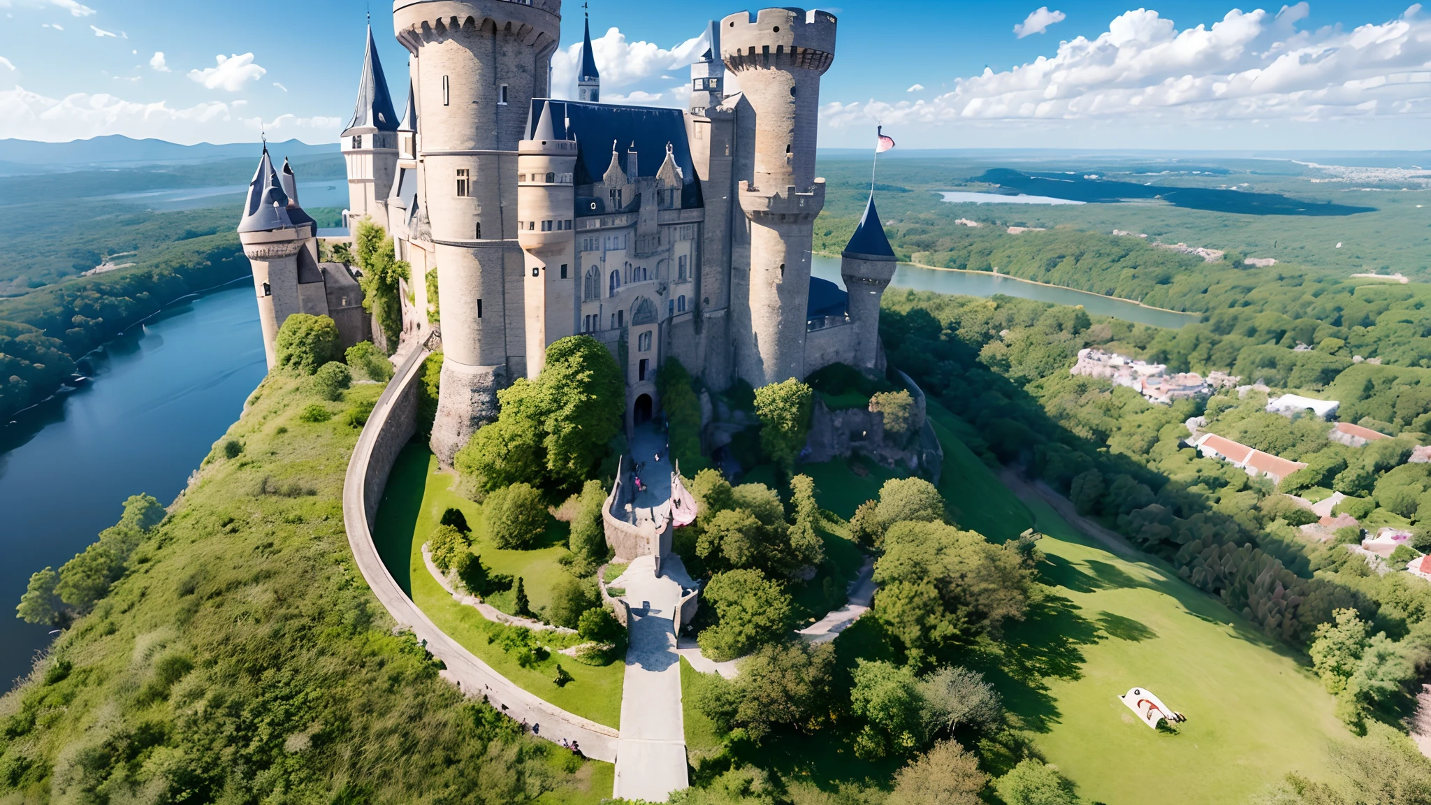 Drone orbital flight over a castle in wonderland, the most fantastic and fabulous Castle, very impressive and magical land, very diverse and colourful nature in background, with very diverse environment, cartoon inhabitants, intricate details, cheerful and calm atmosphere, --auto --s2