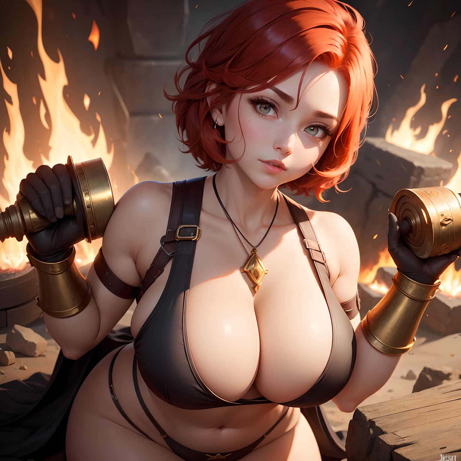 goddess of the forge // body measurements 110-70-120 // short red hair // female Hephaestus // gigantic  - cup M // golden eyes // little clothes // alone