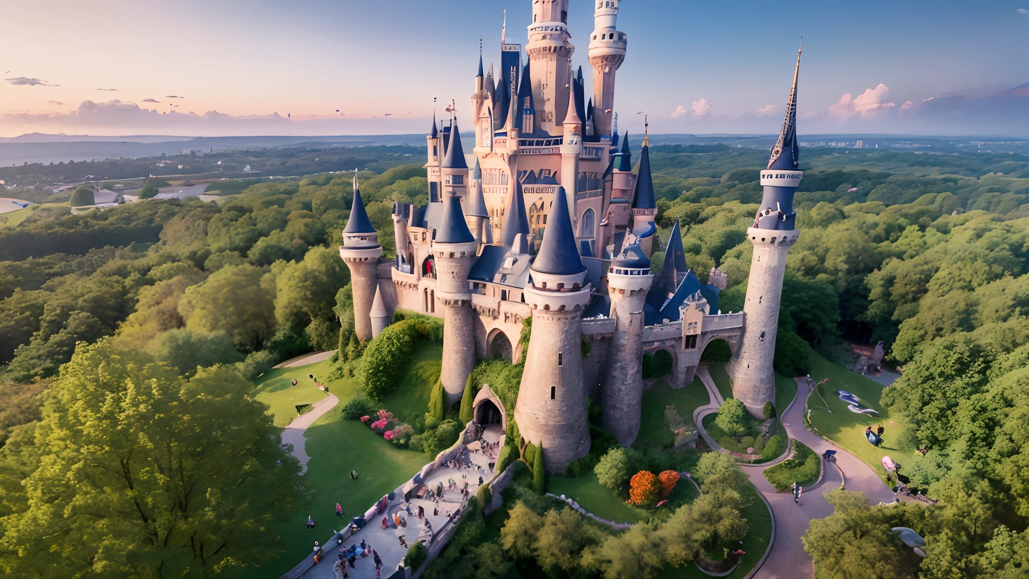 Drone orbital flight over a castle in wonderland, the most fantastic and fabulous Castle, very impressive and magical land, very diverse and colourful nature in background, with very diverse environment, cartoon inhabitants, intricate details, cheerful and calm atmosphere, --auto --s2