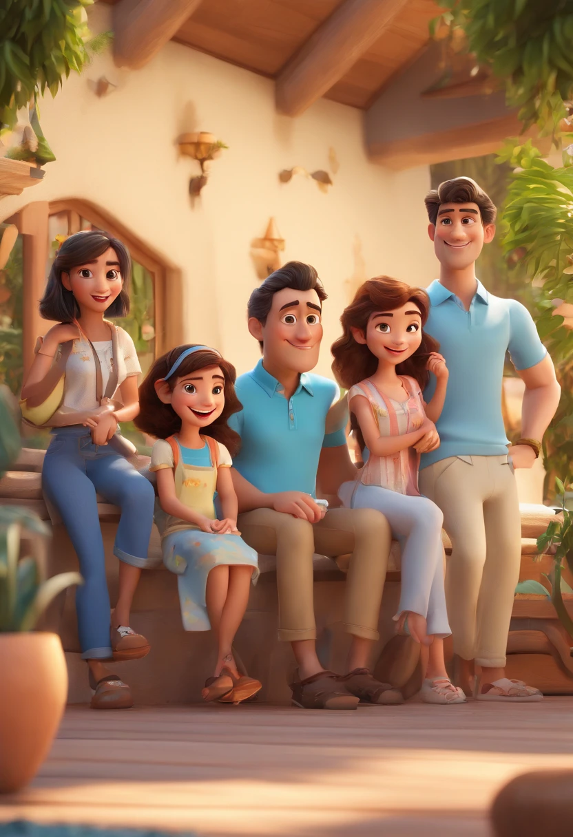 Family drawing having fun on vacation together, man with black hair, woman with long hair, three children, a 9 girl, a 6 year old a baby 3D animatiolm poster, Animated film poster, pixar 3 animation style d, pixar renderman rendering, Mayan 8 mil, animated film, Disney Pixar 3D Style, happy friends hang out together, all wearing light blue shirts and cream brown long pants, light blue shirt, cream brown pants, outdoors, vacation, Disney Pixar Animation Poster