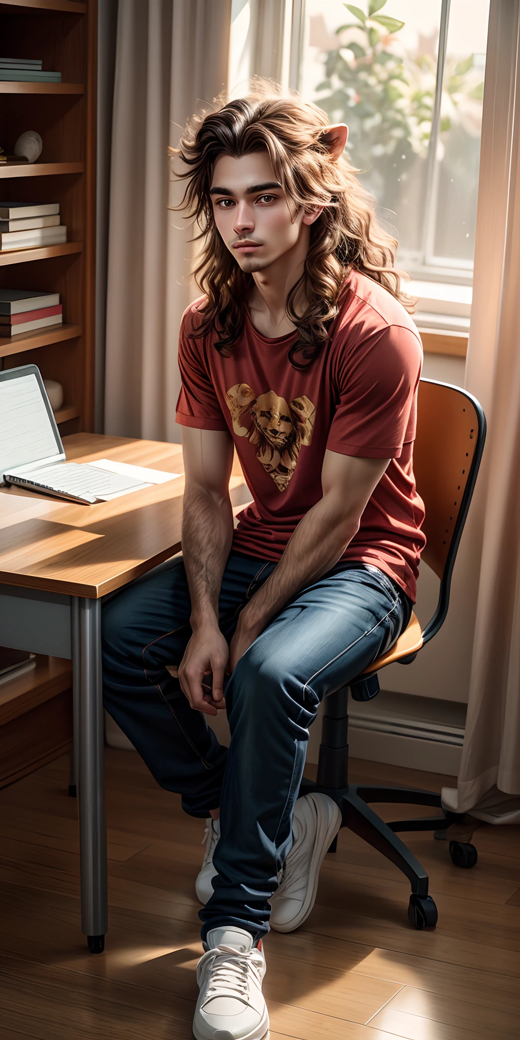 An anthropomorphic ??? young lion. Long, dark, wavy mane and beard. Wearing a red t-shirt with his name Elias in black, casual white sneakers, and black erotic boxer. Show paws. Sitting relaxed at a minimalist desk in his student room. Desk decorated with some flowers. Vibrant, charming anime style illustration with clean lines. Imaginative character in a cozy environment