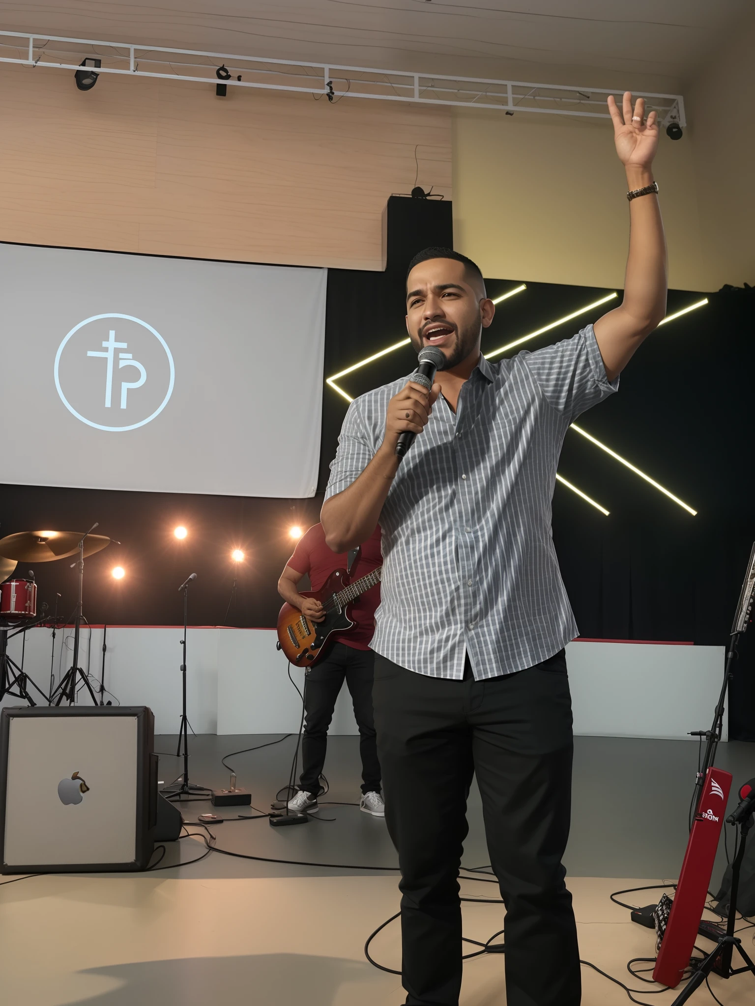 There's a man standing with a microphone, no palco, no palco, tomada em 2 0 2 0, Joel Torres, Apresentando-se no palco, Capturado no iPhone, standing triumphant and proud, em um palco, muito poderoso, muitas pessoas adorando, showing victory, ao vivo no palco, Explodindo com a Luz Santa, Directed by: Robbie Trevino