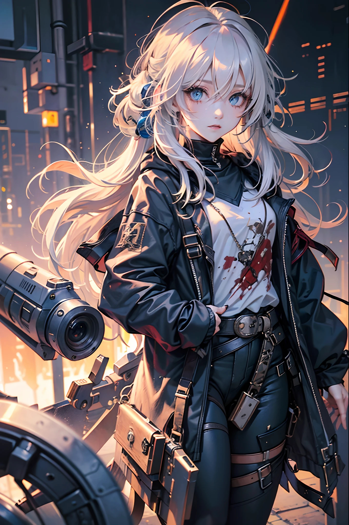 (Eyes are blue),(The hair is white and long),girl wearing hoodie,Return blood,A detailed face,A detailed eye,(Masterpiece),(hiquality)an anime girl,full bodyesbian
