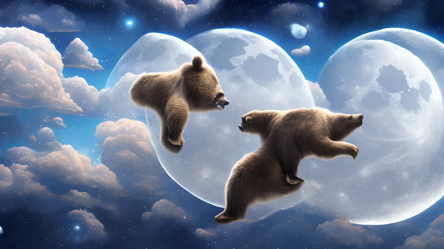 kosmos　a bear　are flying　a moon