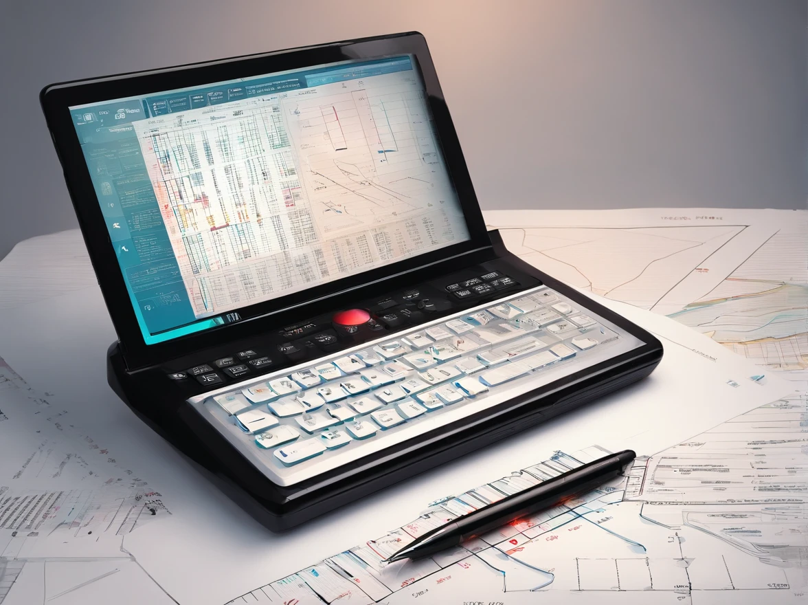 calculadora financeira "HP12C" On top of a sheet with graphs and a pen