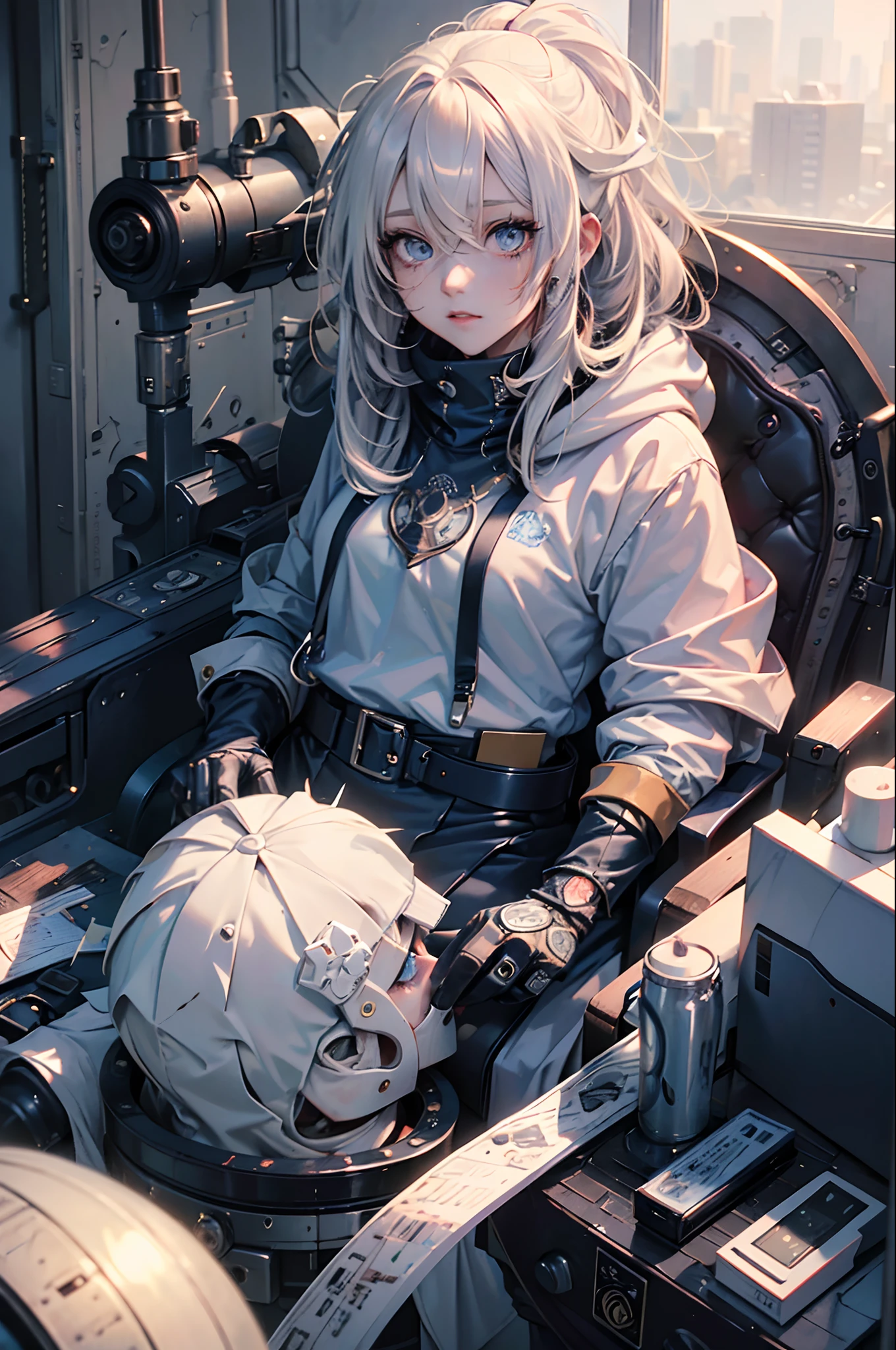 (Eyes are blue),(The hair is white and long),girl wearing hoodie,Return blood,A detailed face,A detailed eye,(Masterpiece),(hiquality)an anime girl,full bodyesbian