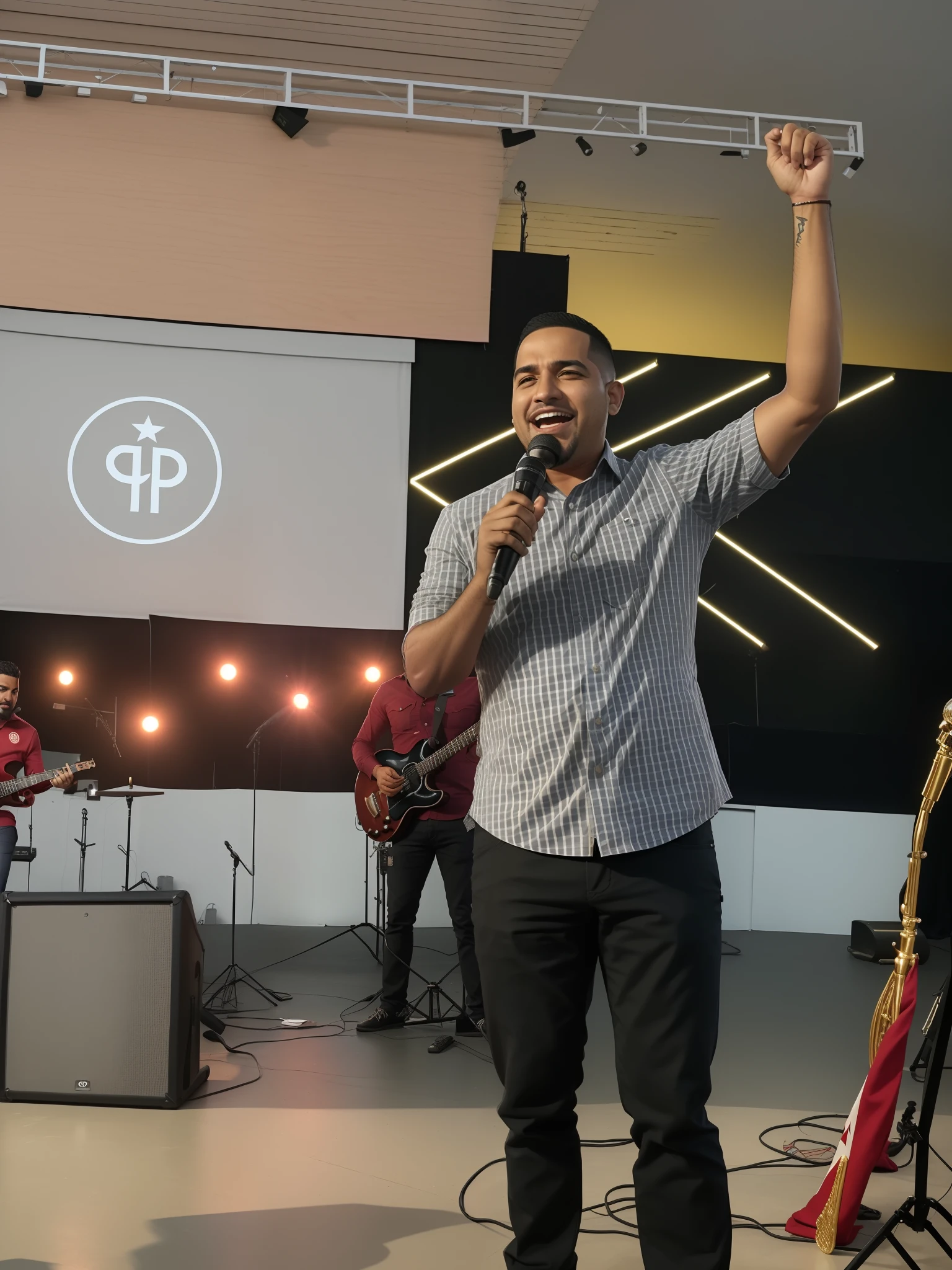There's a man standing with a microphone, no palco, no palco, tomada em 2 0 2 0, Joel Torres, Apresentando-se no palco, Capturado no iPhone, standing triumphant and proud, em um palco, muito poderoso, muitas pessoas adorando, showing victory, ao vivo no palco, Explodindo com a Luz Santa, Directed by: Robbie Trevino
