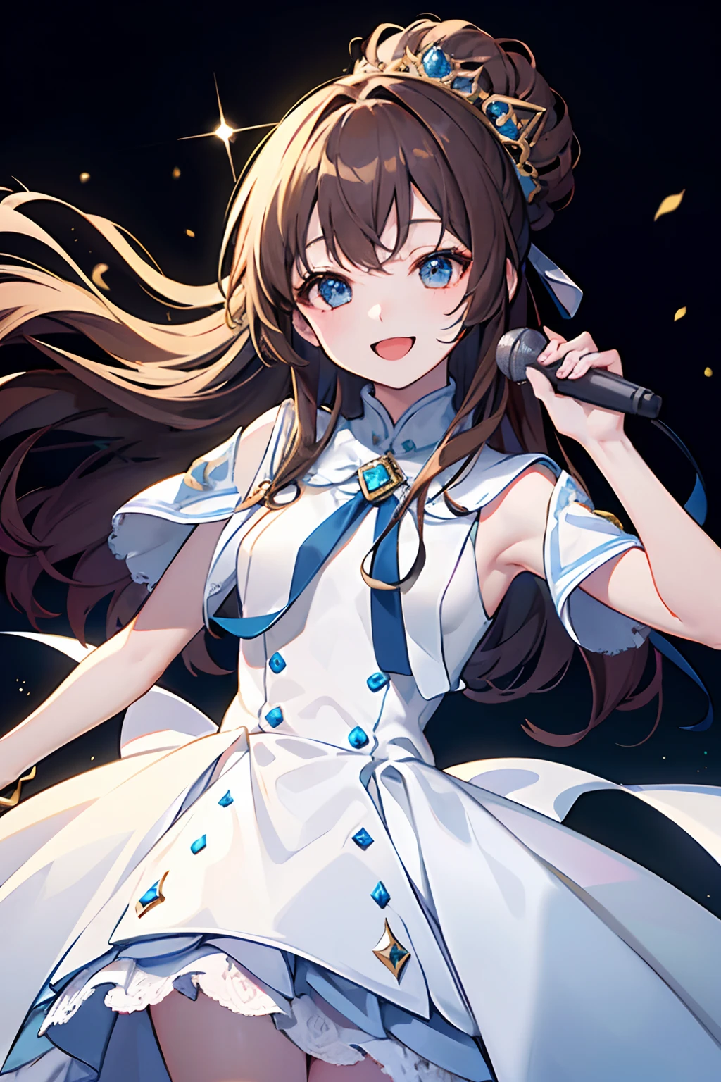 ultra-quality、masterpiece、Perfect illustration、Cheerful smile、(white:1.3)(realisitic:1.4)、Extreme detailing(exquisite light and shadow、highly dramatic picture、)strokes、1 girl in、ultra-detailliert、glistning skin、Small-faced beauty,blue dress、LIVE HOUSE(The right hand is the microphone)、gold eyes、brown hair、curly、Sing with your mouth open、entire (body)