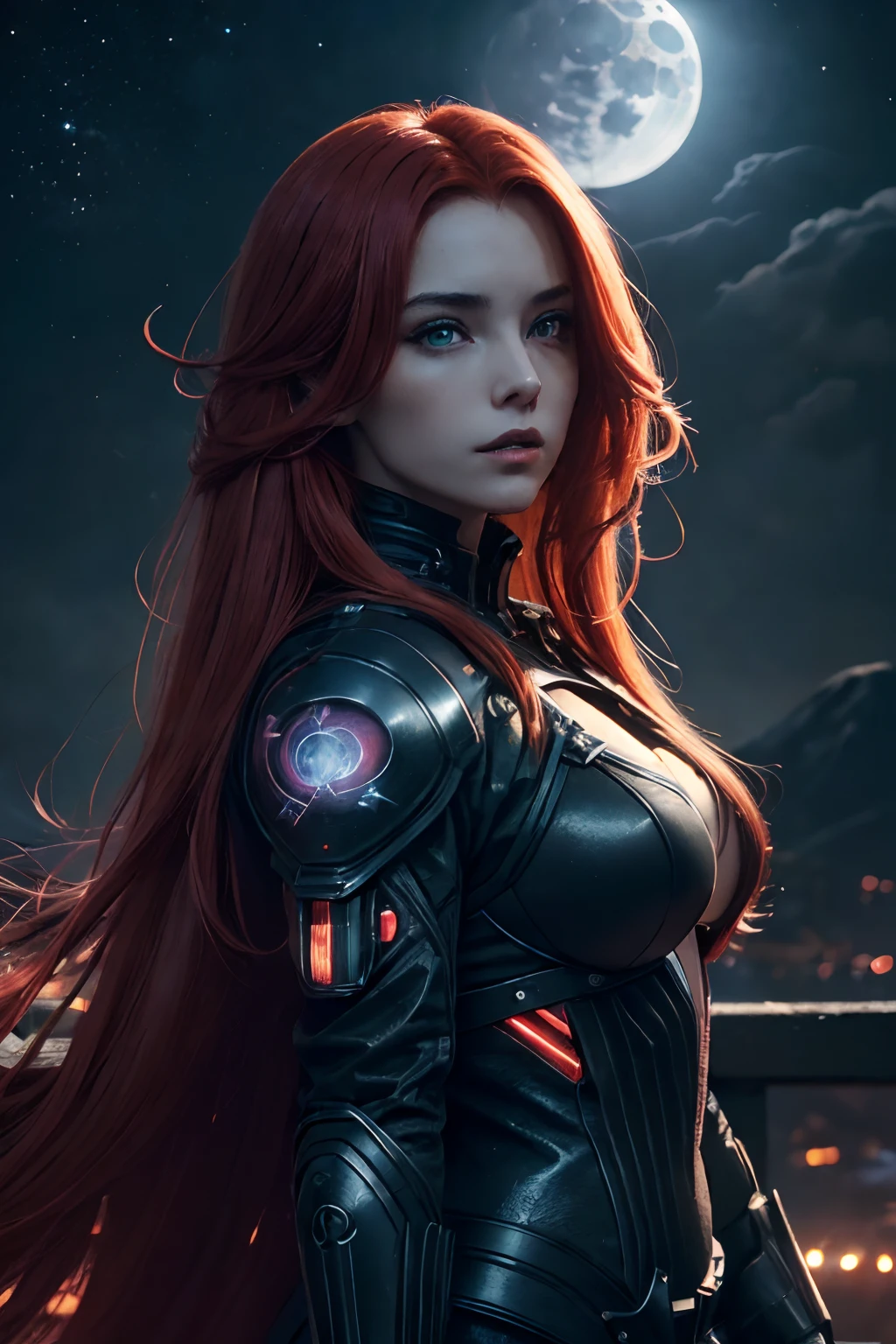 ((Best quality, 8k, Masterpiece: 1.3)), Sharp focus: 1.2, portrait, A beautiful attractive plump adult woman with cyberpunk red hair wearing cyberpunk armor: 1.4, very long yellow hair flying across the image ((Crop layered hair, red hair, very long, loose hair, ((dark scene)), ((dim light)) sky landscape, Stars and nebulae, Bright moonlight, Exploring the Cosmos. Mature woman, middle-aged