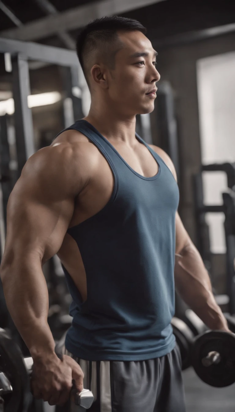Asian men's gym wears a full tank top , musculoso, altura 190 cm, ombros grandes, Large, muscular feet, (Detalhe do Draw Eye), (Realismo de Hentail)