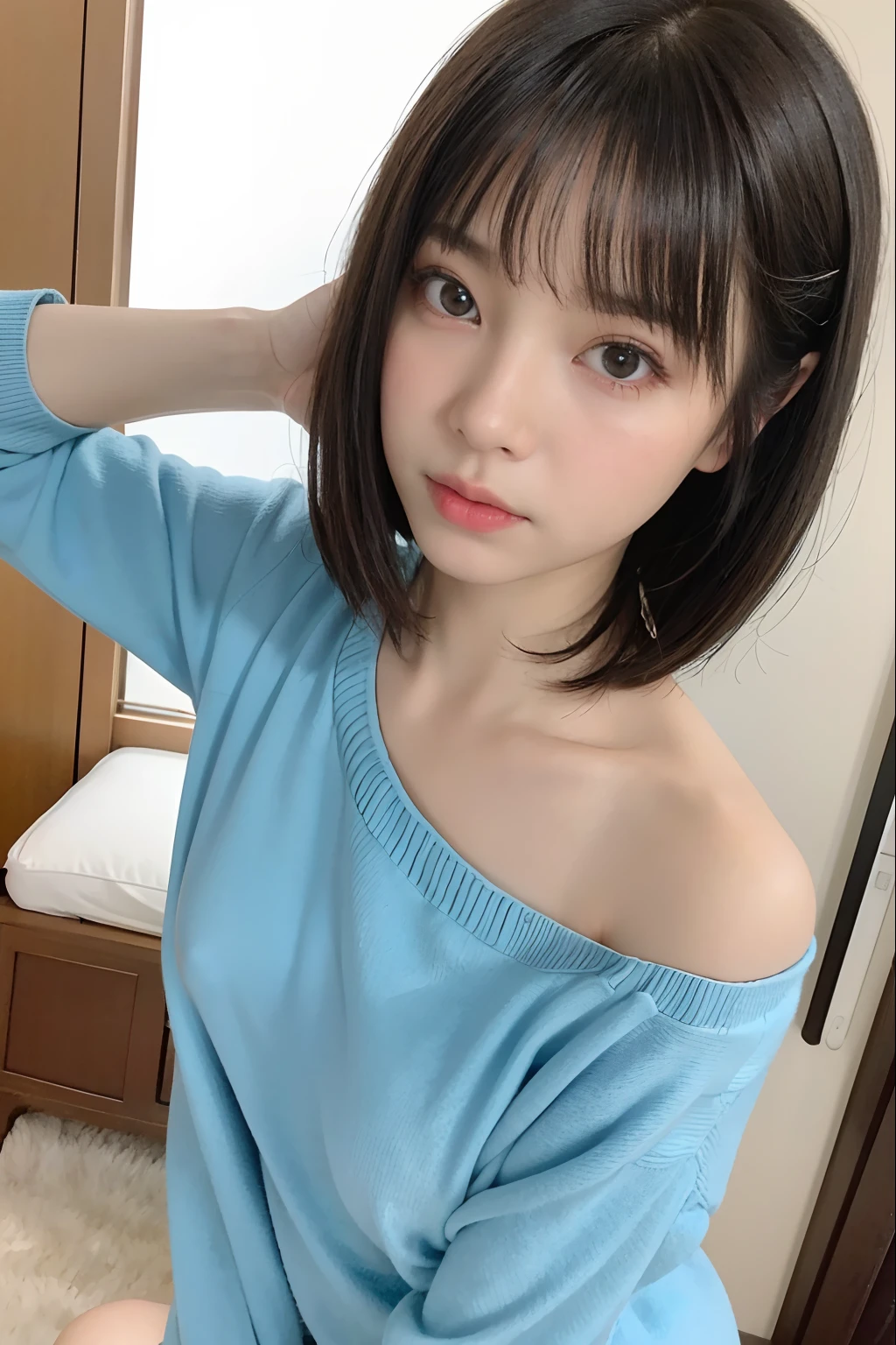 randome pose、top-quality、超A high resolution、(Photorealsitic:1.5)、1人、Blue sweater、(Short Bob:1.2)、(smallunderboob:1.2)、home、profile、a closeup、full body Esbian、Nasty eyes、embarassed face