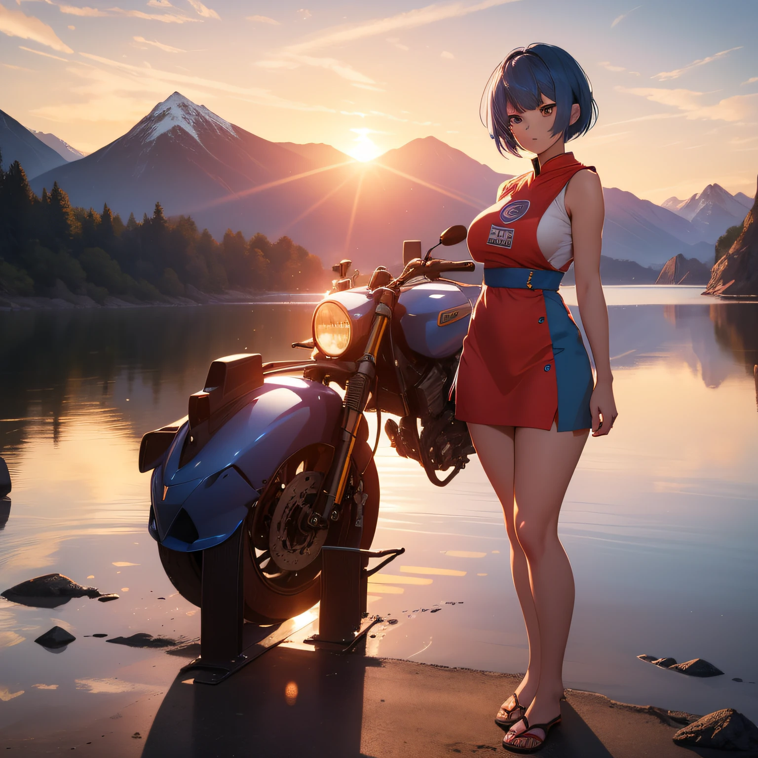 (masterpiece), best quality, ultra-HD, photorealistic, cinematic, ultra-detailed, 8k resolution, Bulma, 1 girl, short blue hair, (full body view), standing, ((from head to toe visibility)), perfect anatomy, red sleeveless dress, yellow kerchief, perfect eyes, realistic eyes, detailed eyes, perfect hands, athletic body, sunset, mountain, sea