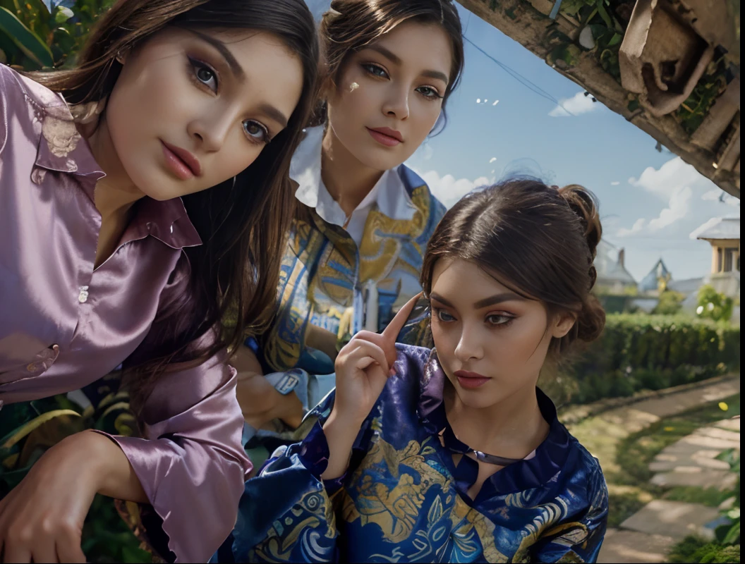 Masterpiece, Best Quality, 3D Rip Artwork, 3DMM Style, Close-up, Portrait, Realism, a woman beautifully makeup, eyeshadow, Parted Lips, Challenge Eye, beautiful big eyes, long eye lashes, (( batik satin shirt)), strolling on a trail in the spring, garden, rive