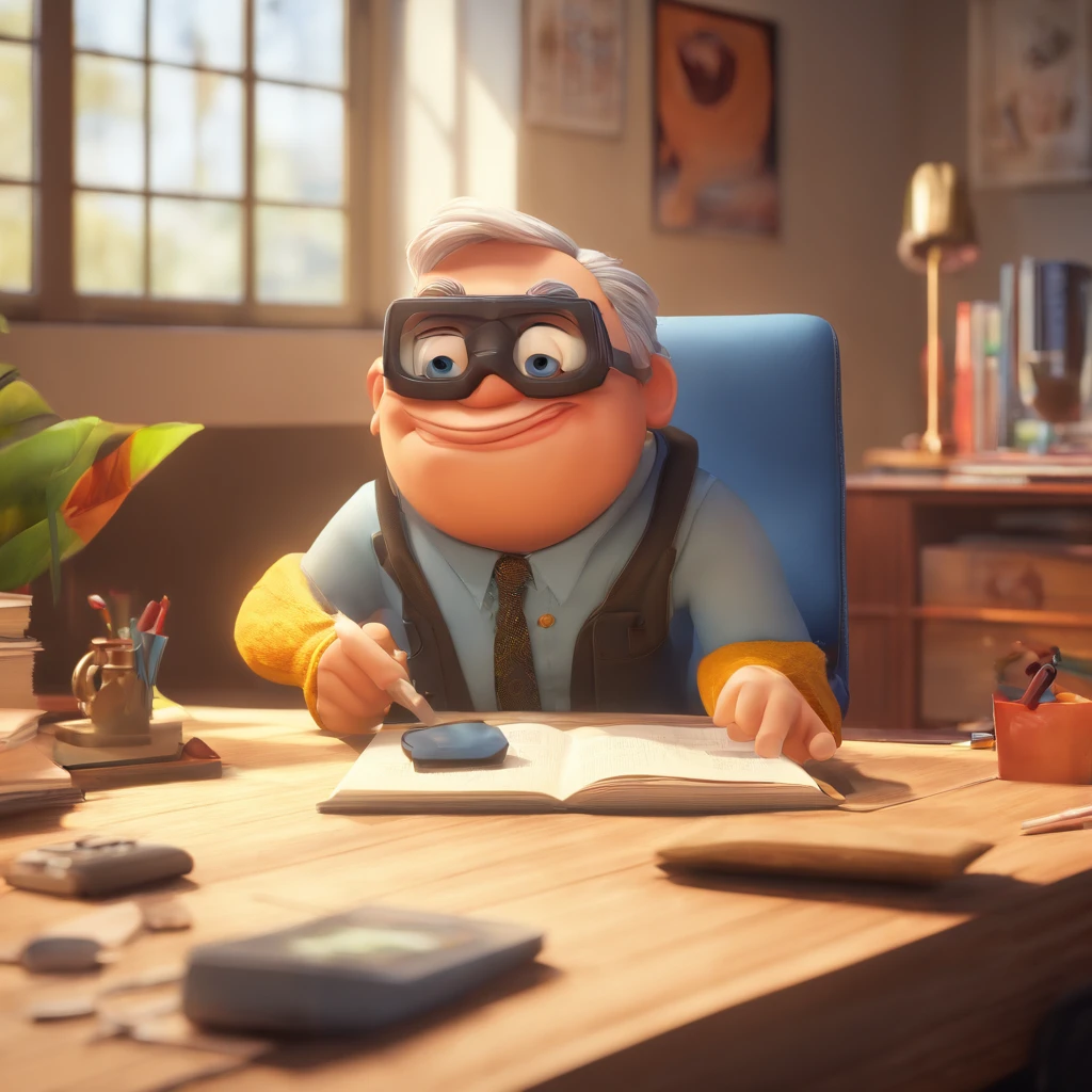 Crie um cartaz inspirado na Disney Pixar com o personagem sendo Um homem careca, japanese, gordo, rosto arredondado, wearing goggles, in an office with a Bible on the table