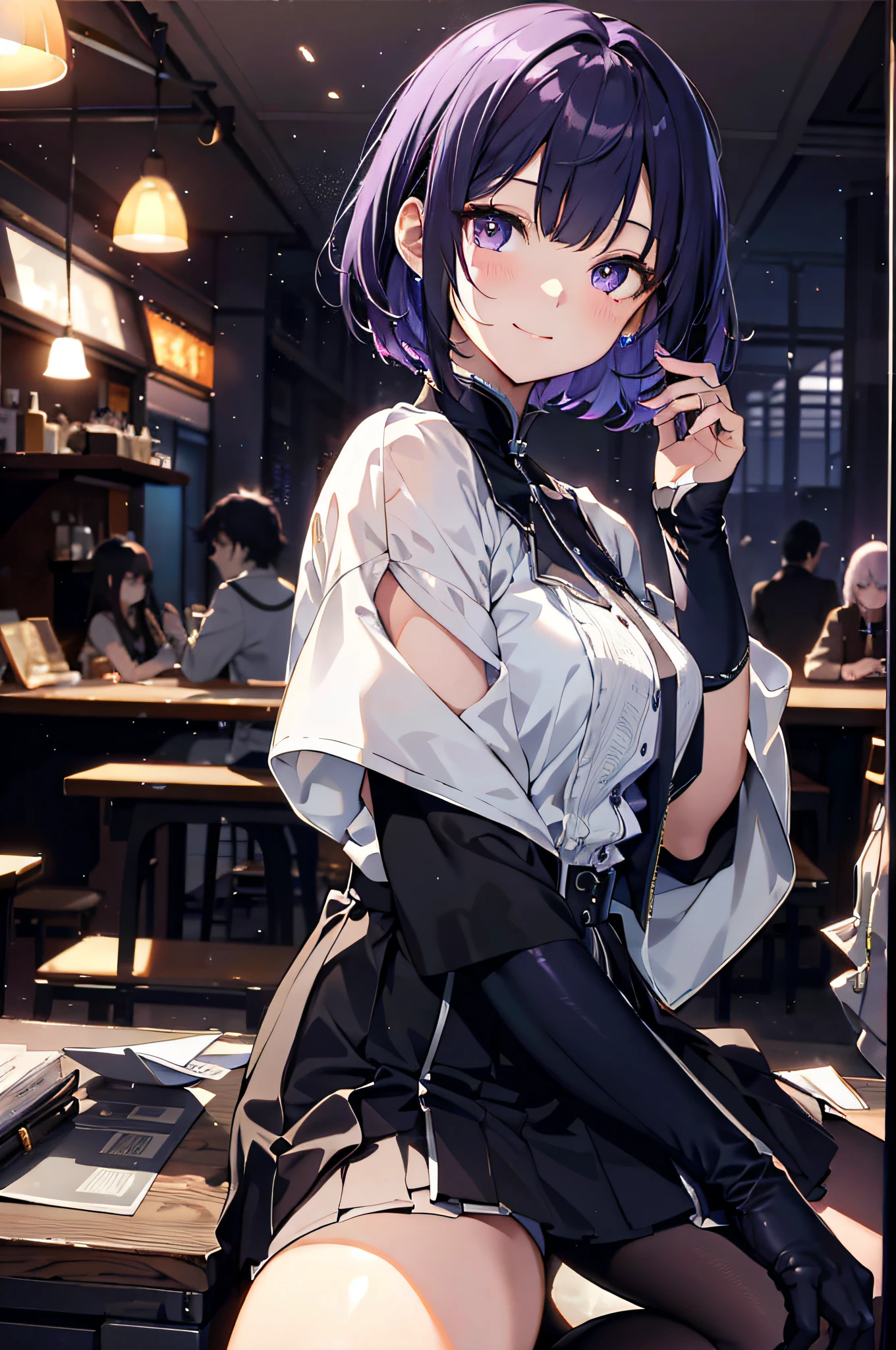 (extremely details CG、Unity、8K Wallpapers)、(extremely delicate and beautiful)、(masterpiece)、(top-quality:1.0)、(超A high resolution:1.0)、beautiful lighting、perfect lightning bolt、realistic shadow、Detailed skin、ultra-detailliert、detailed faces and eyes、Realistic eyes、Sharp pupils、cowboy shot, Inside the motel、motel entrance、night glow、beauitful face、blurry backround、16-year-old beautiful girl、shinny skin、bob cuts、Dark purple hair、Blunt bangs、Purple eyes、(learning forward、Looking Up、From above、Looks happy、Looks happy:1.2)、a reception suit、pleatedskirt、(Sit on a desk、Stand on one knee:1.3)、Gentle smile、