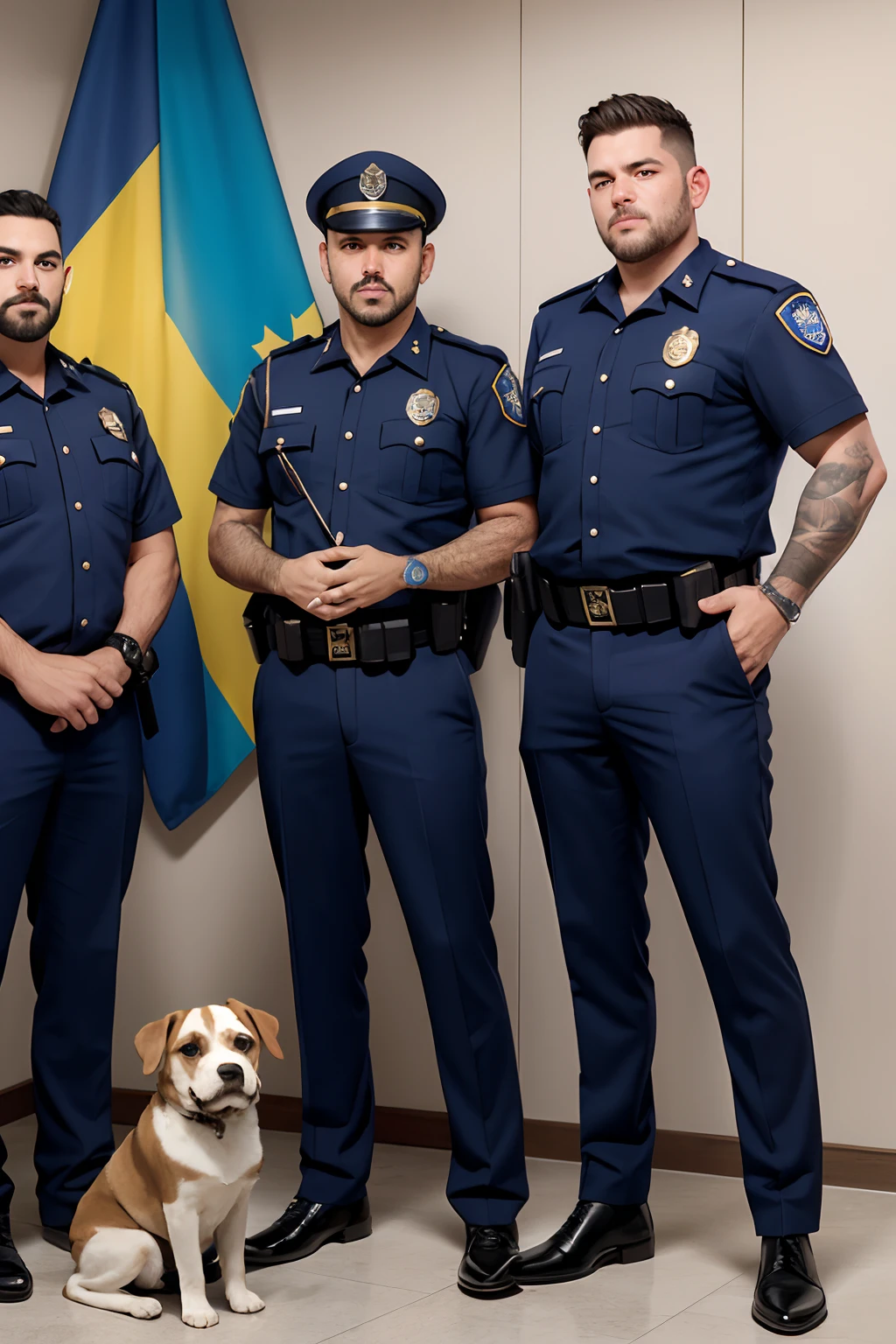 Three Strong Cops, dois deles com barba, uniforme azul, bandeira do brasil no departamento de policia, varias pessoas no local, um cachorro amarelo