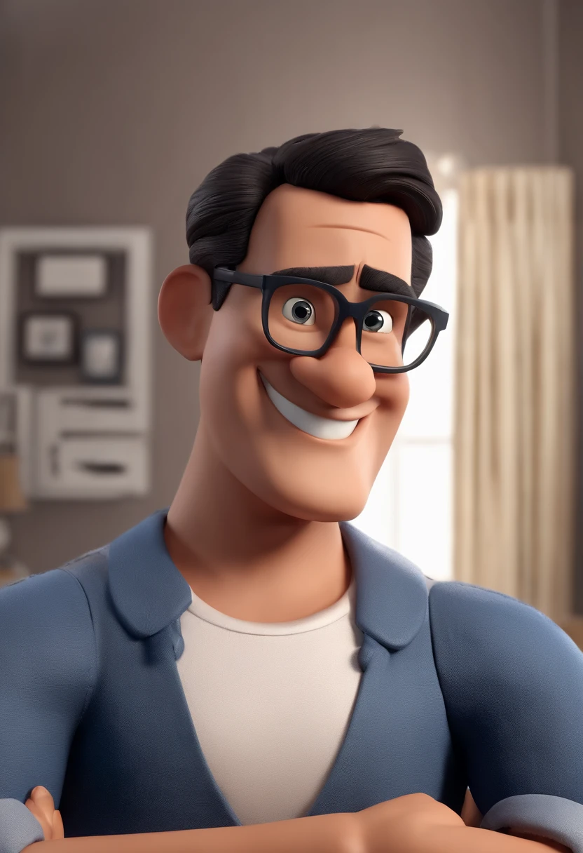 Cartoon character of a man wearing black glasses and a blue shirt, um personagem animado, Caractere estilizado, animation style rendering, 3D estilizado, Arnold Maya render, 3 d render stylized, toon render keyshot, Personagem 3D, Personagem 3D, 3d rendering stylized, 3 d character render, personagem de desenho animado, Personagem de close up, Pose de personagem, (Estilo Pixar) (master part:1.2) (Bokeh) (best quality) (pele detalhada) (textura detalhada) (8k) (argila) (Cinematic lighting) (foco nítido，Senta e vaza a parte superior do corpo