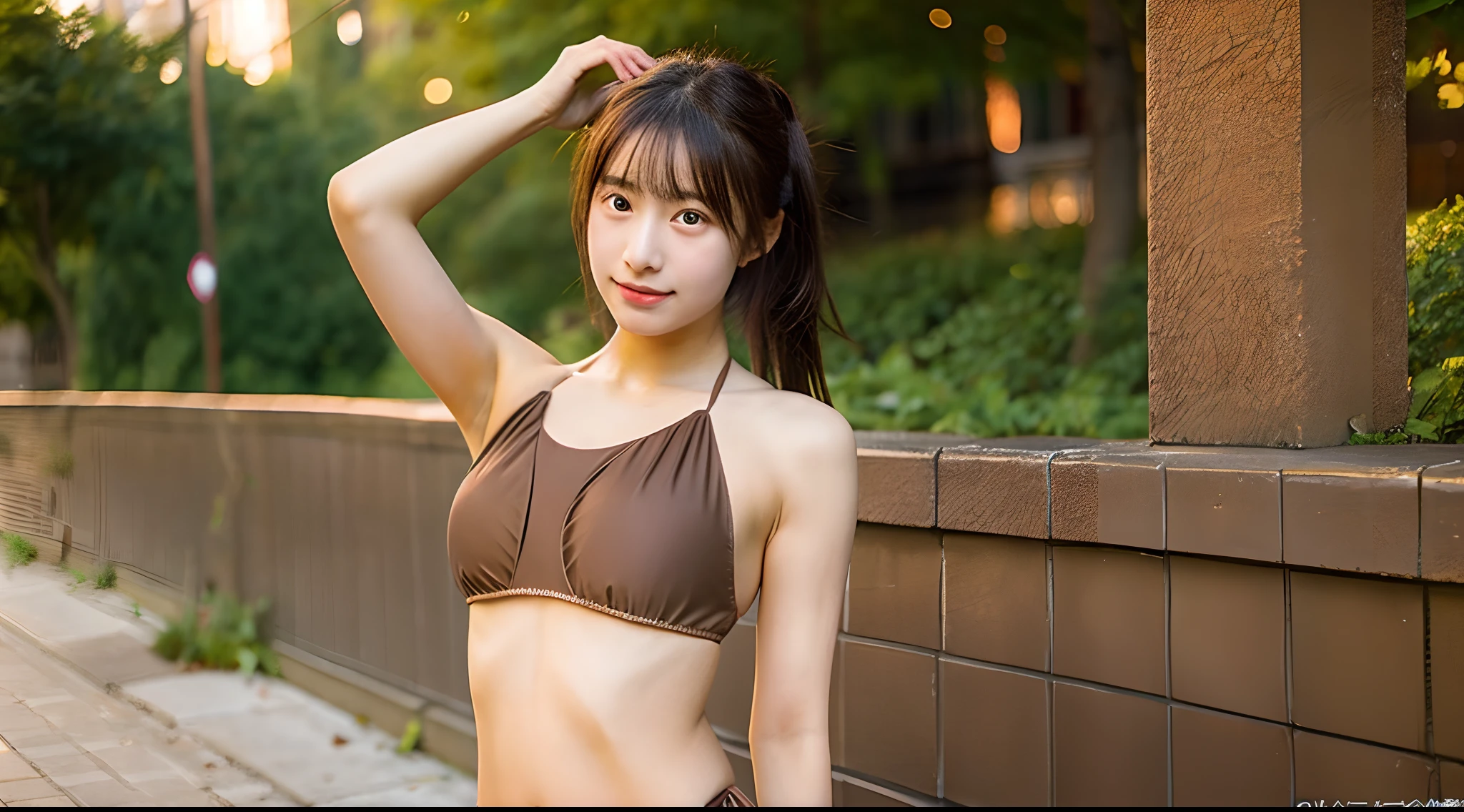 SFW, 
Sunset Glow, Shore Reef, Beach, 
Perfectly Anatomically Correct, 
1 Japanese Girl, Short Hair Bun, Wide-Set Eyes, Very White Skinned, Bashfully, Blush, 19-Year-Old, Open Mouse Slightly, 
Showing off Slightly Swelled Lower Buttocks from Shorts, 
Medium ASS, Small Breasts, Green Shorts, Black T-Shirts, Nippleless, 
Brown Hair, 
Light Smiling, Pouted Cheek, 
Looking Back Viewer, 
Dynamic Angle, 
8K, RAW Photo, Best Quality, Masterpiece, Realistic, PhotoRealistic, Extremely Detailed 8K Wallpaper, Beautifully Detailed Eyes, Finely Detailed Face, 
Professional Lighting, Cinematic Lighting, ((Bokeh:1.2))