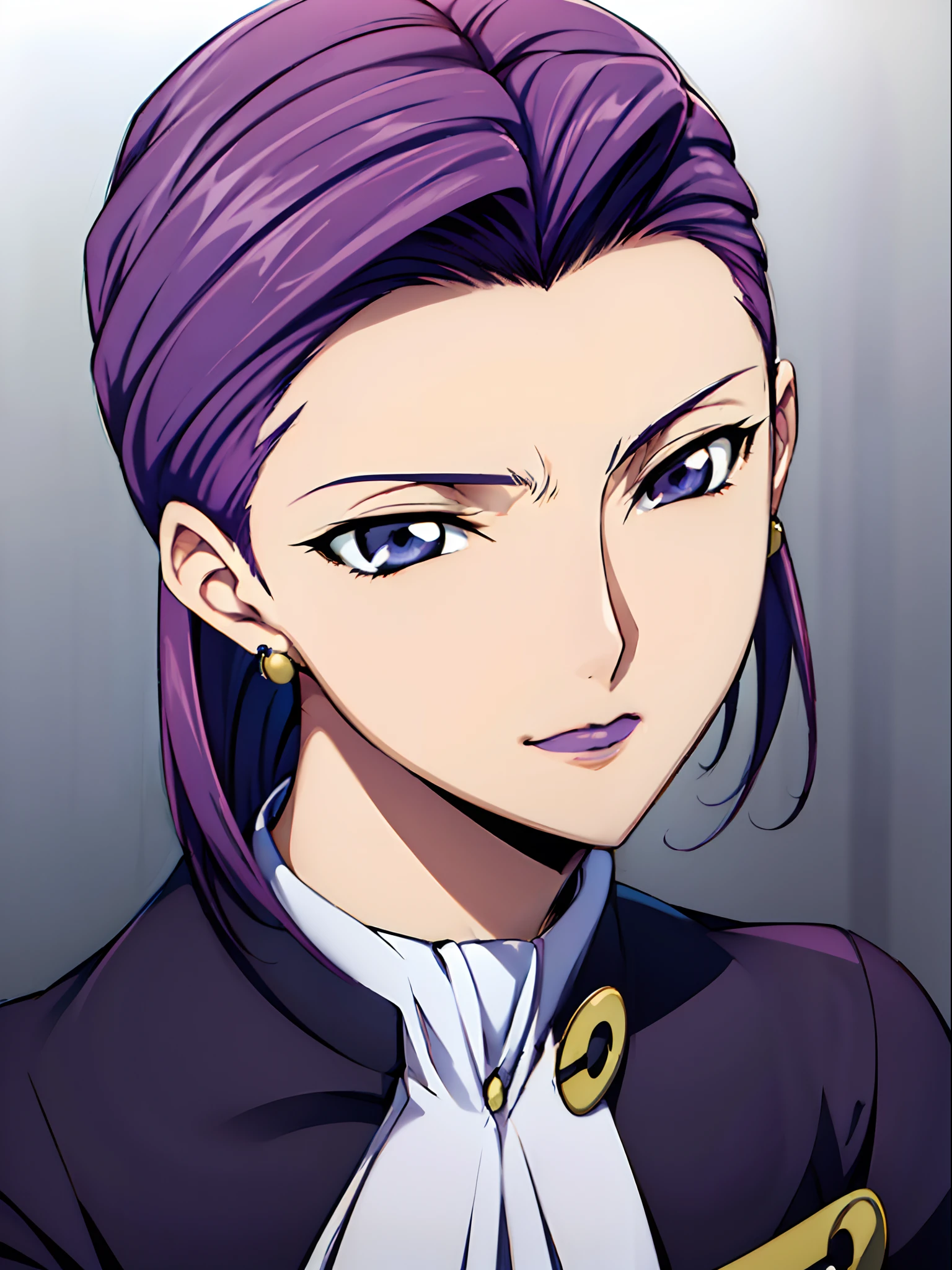 Simple white background,

purple outfit,Military, Military uniform,

(((Purple hair))),Purple eyes, ((((straight Hair)))),makeup,

1 girl, 35yr old,milf,Beautiful Finger,Beautiful long legs,Beautiful body,

Beautiful nose,Beautiful character design, Perfect eyes, Perfect face,Expressive eyes,Perfect balance,

Looking at Viewer,(Focus on her face),Closed mouth, (Innocent_Big_Eyes:1.0),(light_Smile:0.3),

Official art,Highly detailed CG Unity 8k wallpaper, Perfect Lighting,Colorful, Bright_front_Face_Lighting,White skin,

(masutepiece:1.0),(best_quality:1.0), 超A high resolution,4K,Ultra-detailed,

Photography, 8K, nffsw, hight resolution, absurderes:1.2, Kodak Portra 400, Film grain, Blurry background, Bokeh:1.2, Lens Flare, (Vibrant_Color:1.2),professional photograpy,

(Beautiful,breasts:1.0), (Beautiful_Face:1.5),(narrow_waist),(((((((((very_short_back_hair))))))))),((((hoop_earrings)))), ((((((hair slicked back))))))