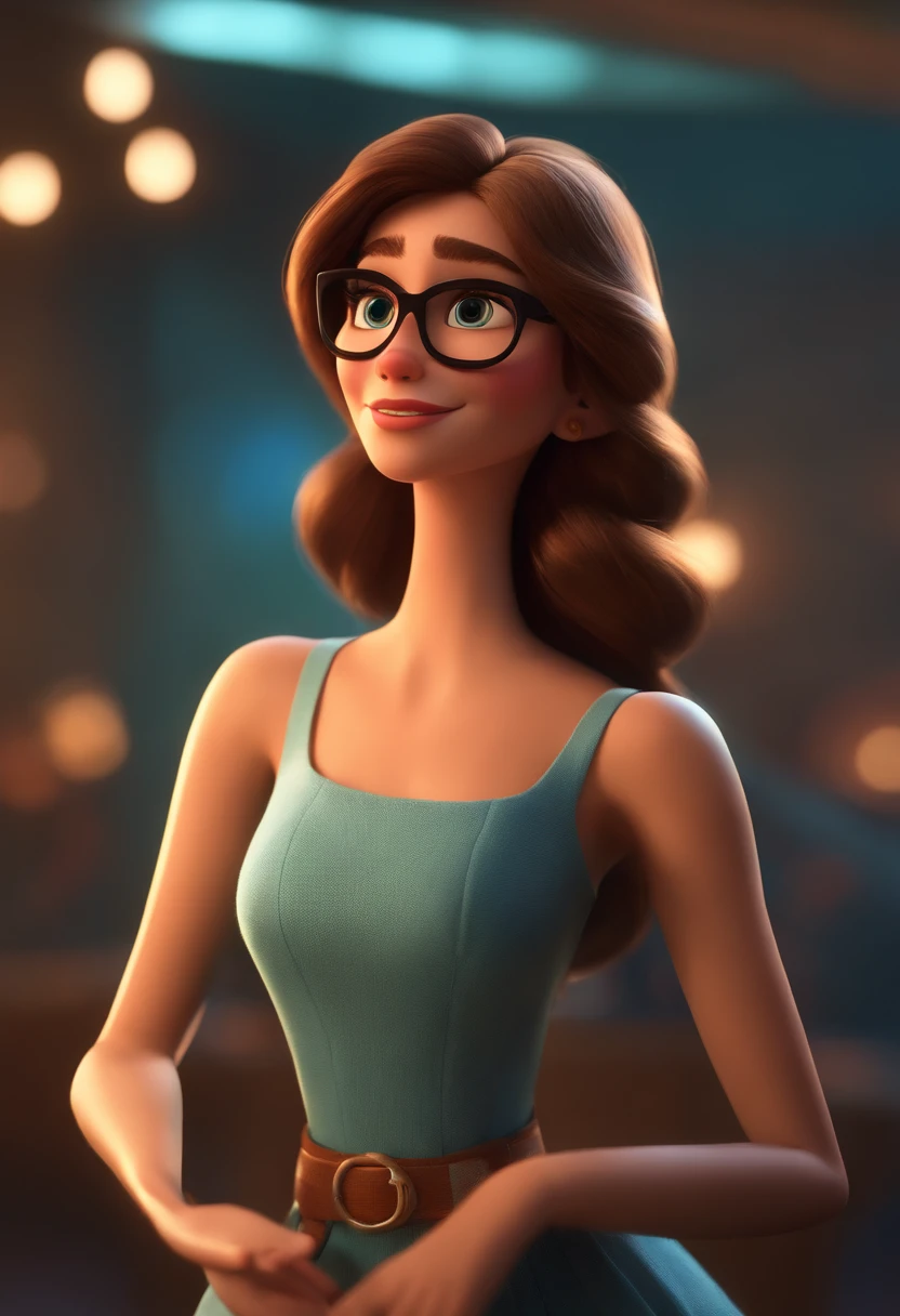 Pixar style image with 3D character white glasses light brunette woman straight hair under shoulder dancing, Maquiagem Disney,Pescador, bonitinho, sorridente ,Close-up, Pixar, Disney, Cinema lighting,